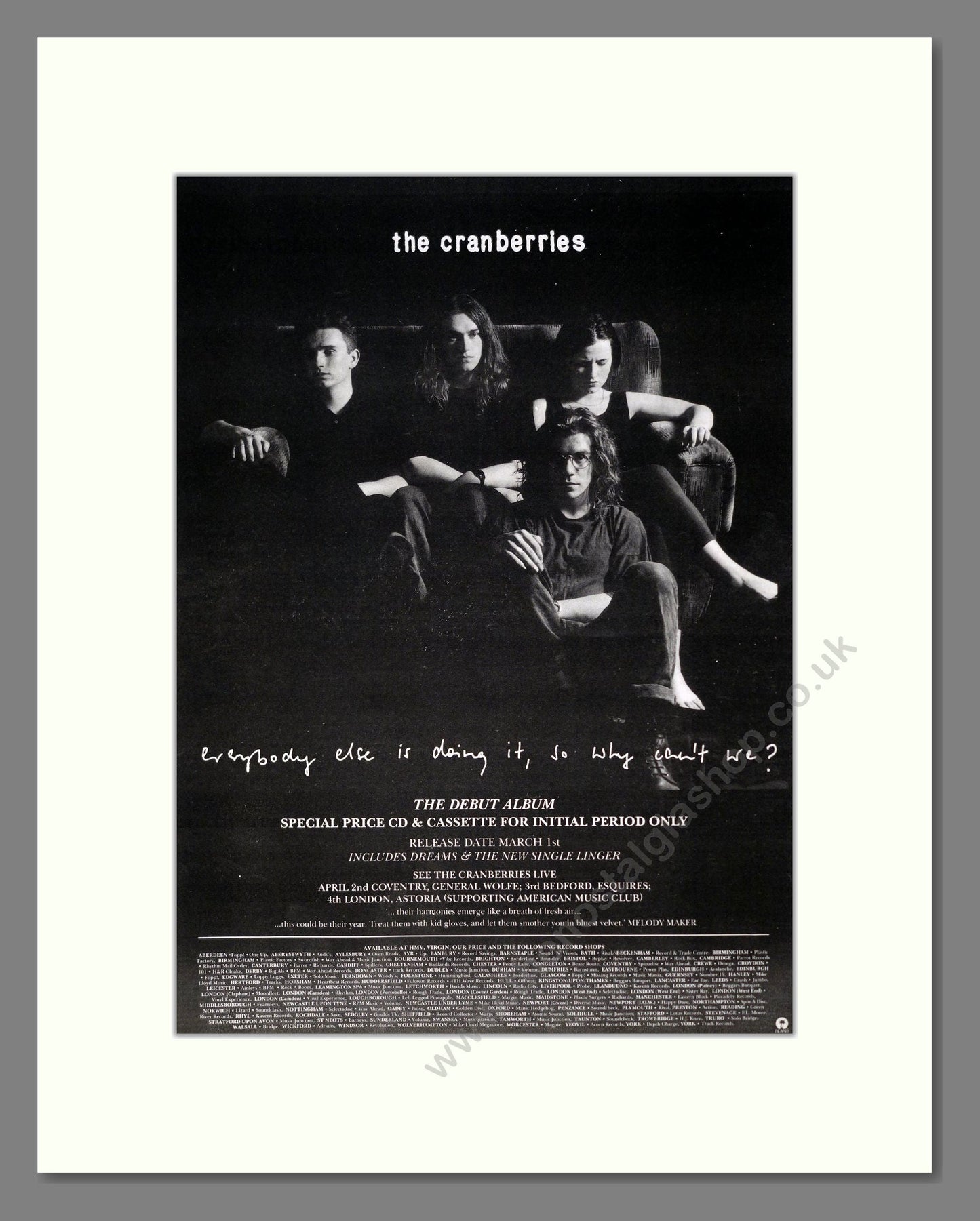 Cranberries (The) - Everybody Else Is Doing It, Why Can't We?. Vintage Advert 1993 (ref AD19260)