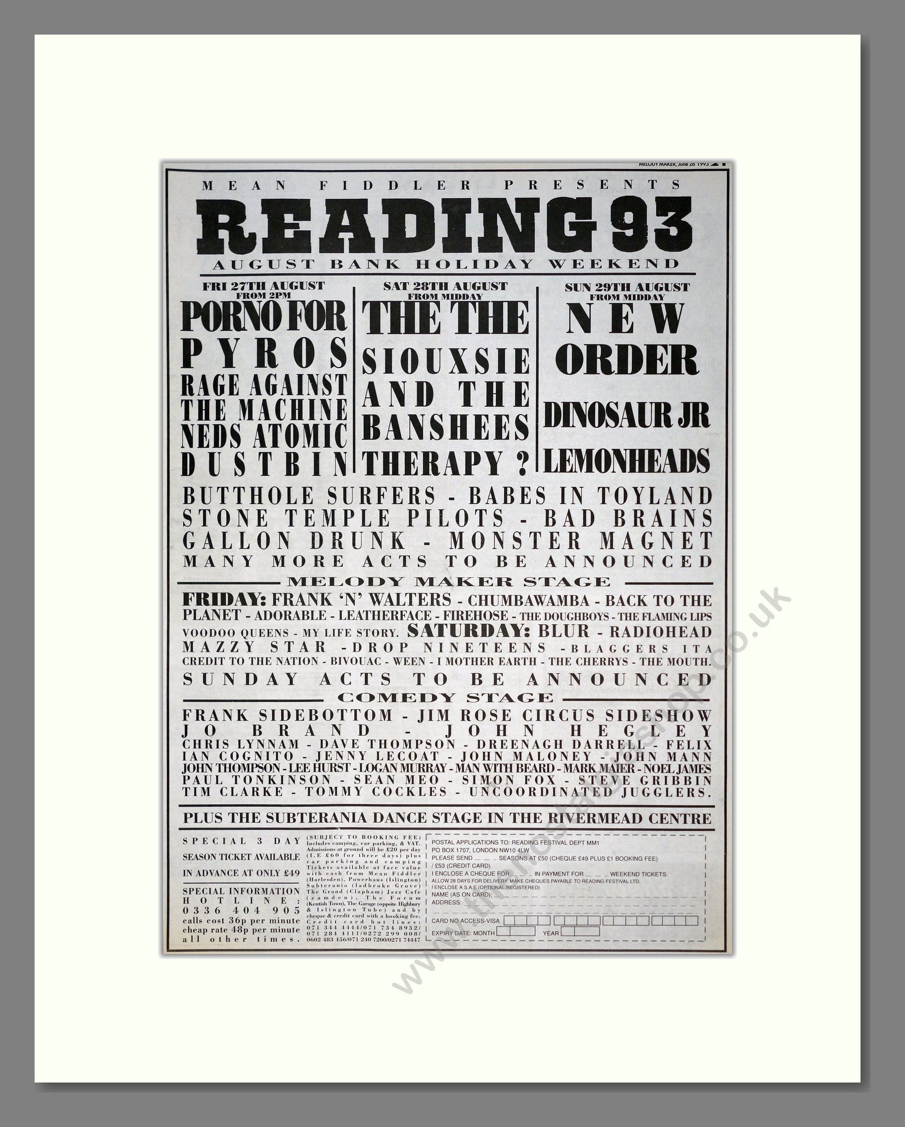 Various Artists - Reading Festival 93. Vintage Advert 1993 (ref AD19264)