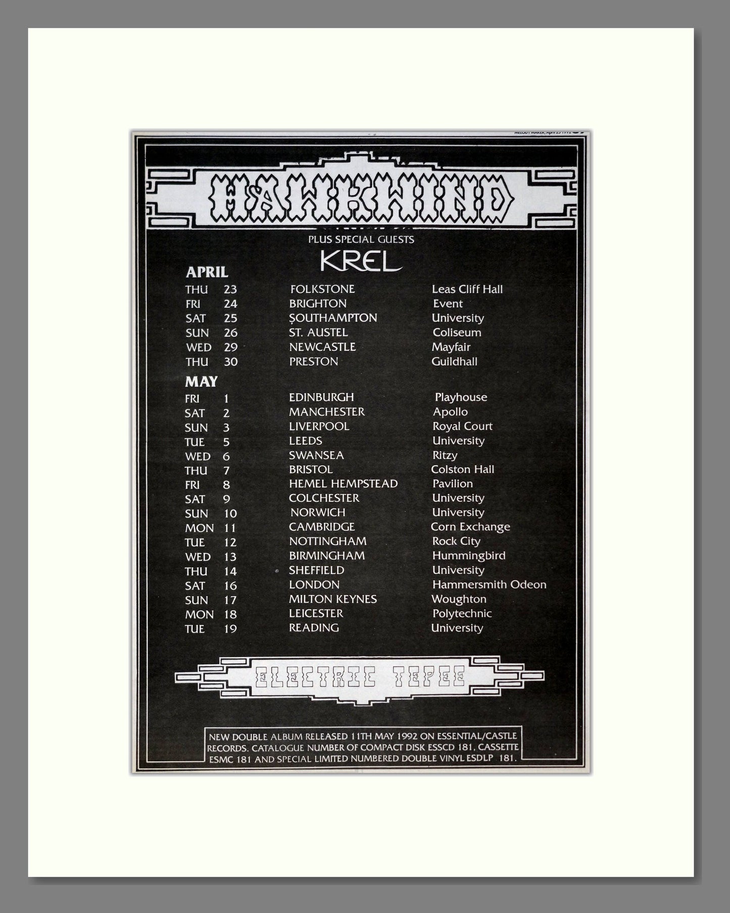 Hawkwind - UK Tour. Vintage Advert 1992 (ref AD19317)