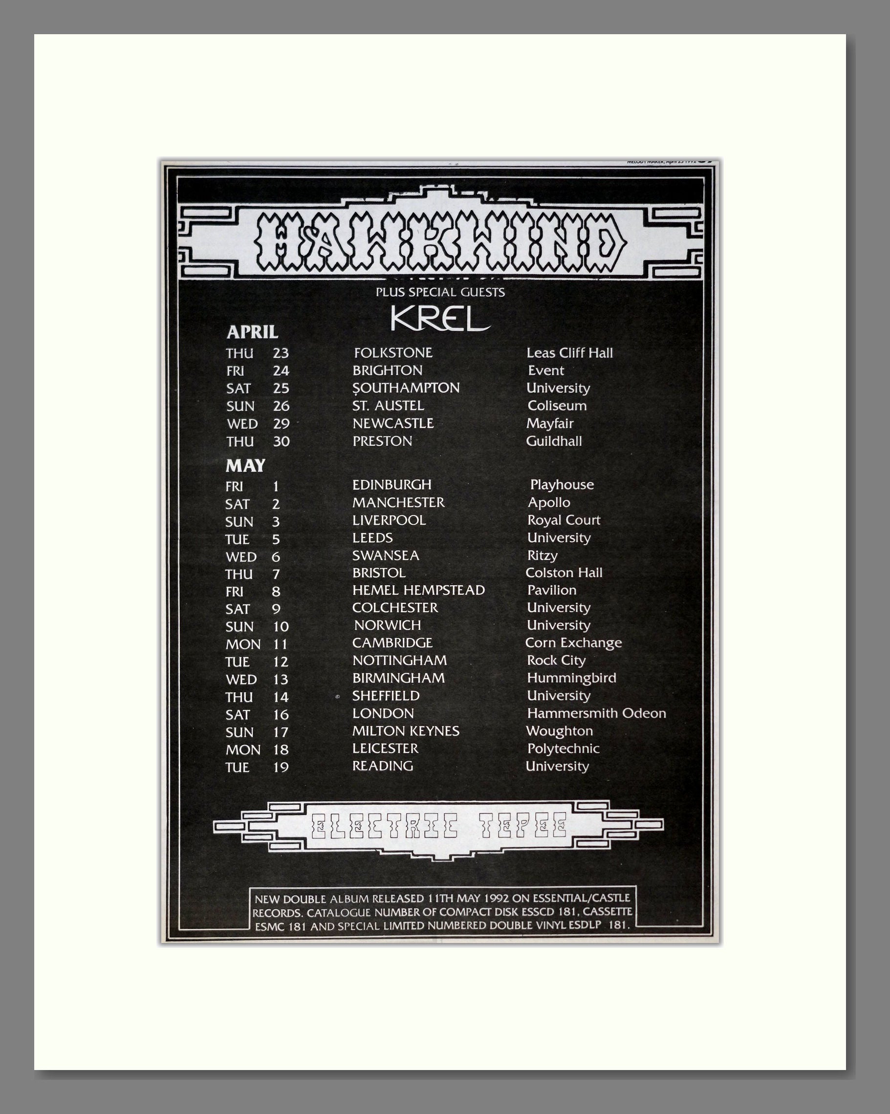 Hawkwind - UK Tour. Vintage Advert 1992 (ref AD19317)