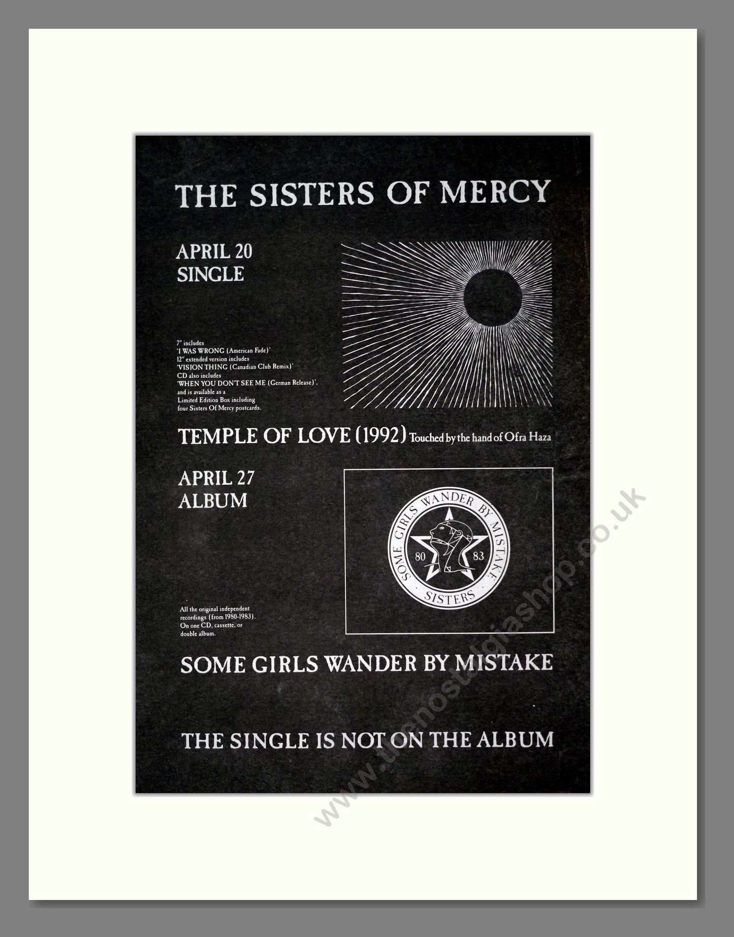 Sisters Of Mercy (The) - Some Girls Wander By Mistake. Vintage Advert 1992 (ref AD19318)