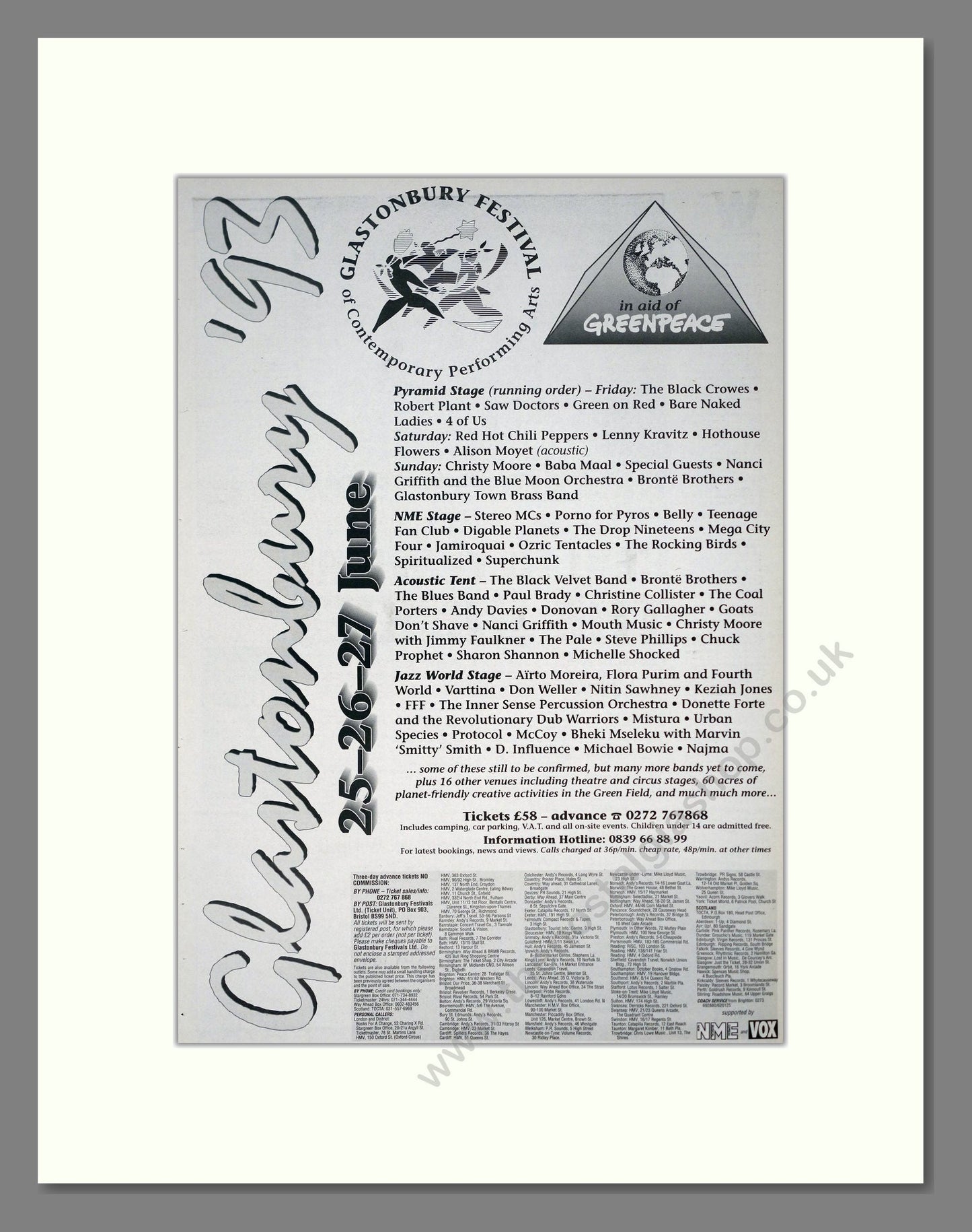 Various Artists - Glastonbury Festival 93. Vintage Advert 1993 (ref AD19366)