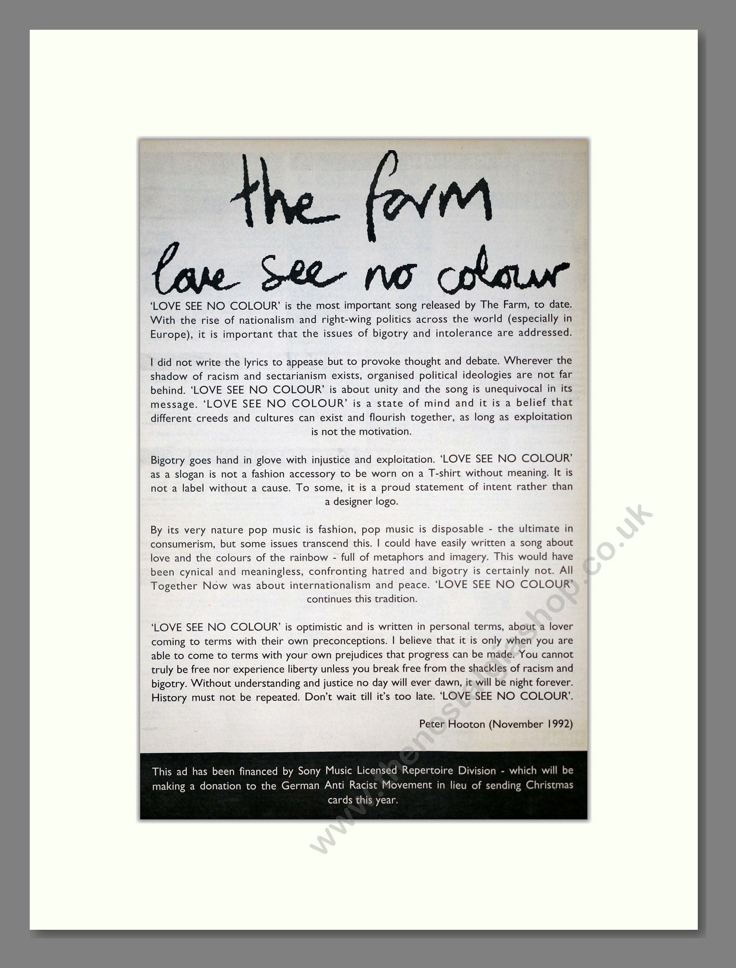 Farm (The) - Love See No Colour. Vintage Advert 1992 (ref AD19394)