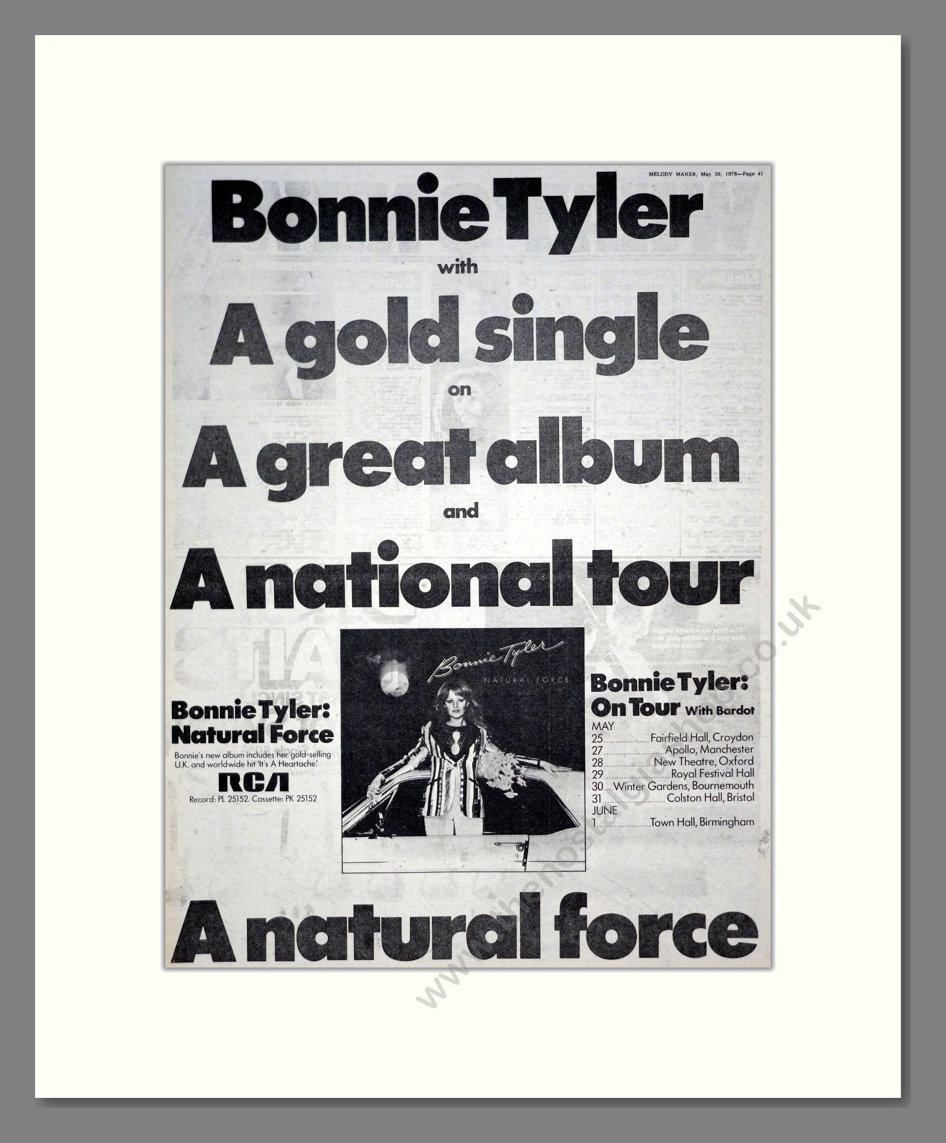 Bonnie Tyler - Natural Force. Vintage Advert 1978 (ref AD19486)