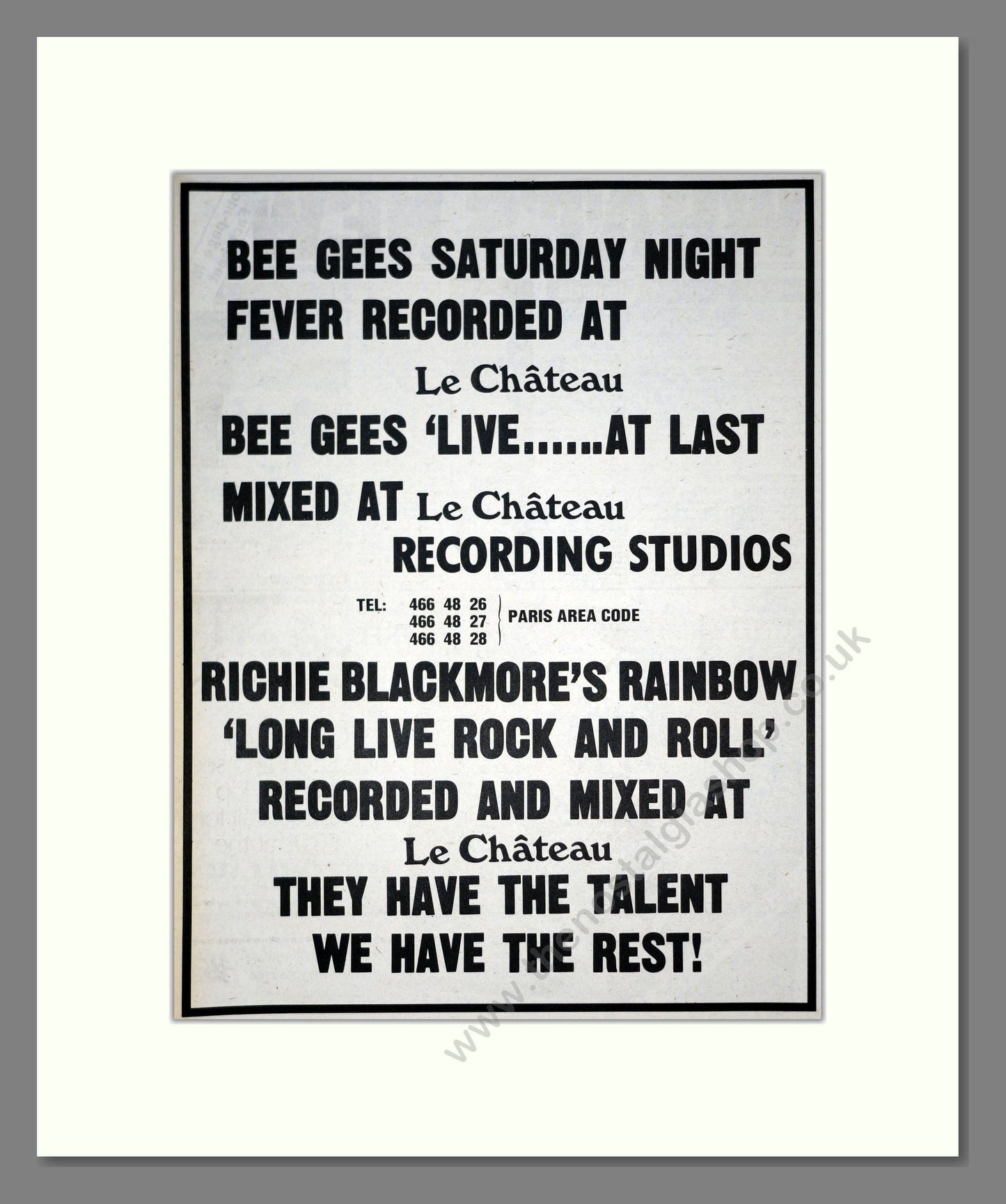 Bee Gees - Saturday Night Fever / Live Mixed at Le Chateau. Vintage Advert 1978 (ref AD19496)