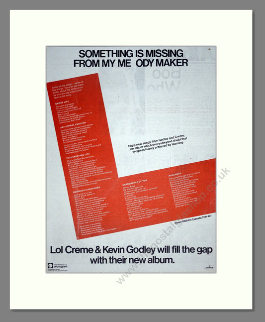 Godley And Creme - L. Vintage Advert 1978 (ref AD19507)