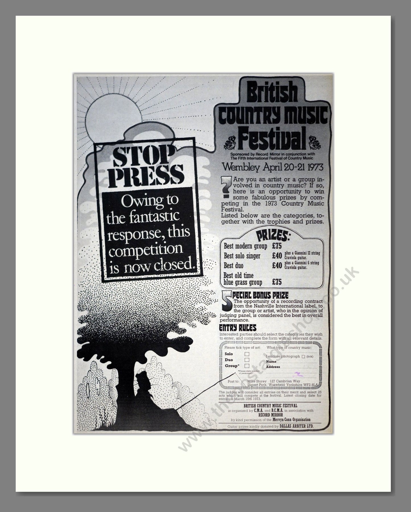 British Country Music Festival - Wembley Competition. Vintage Advert 1973 (ref AD19546)