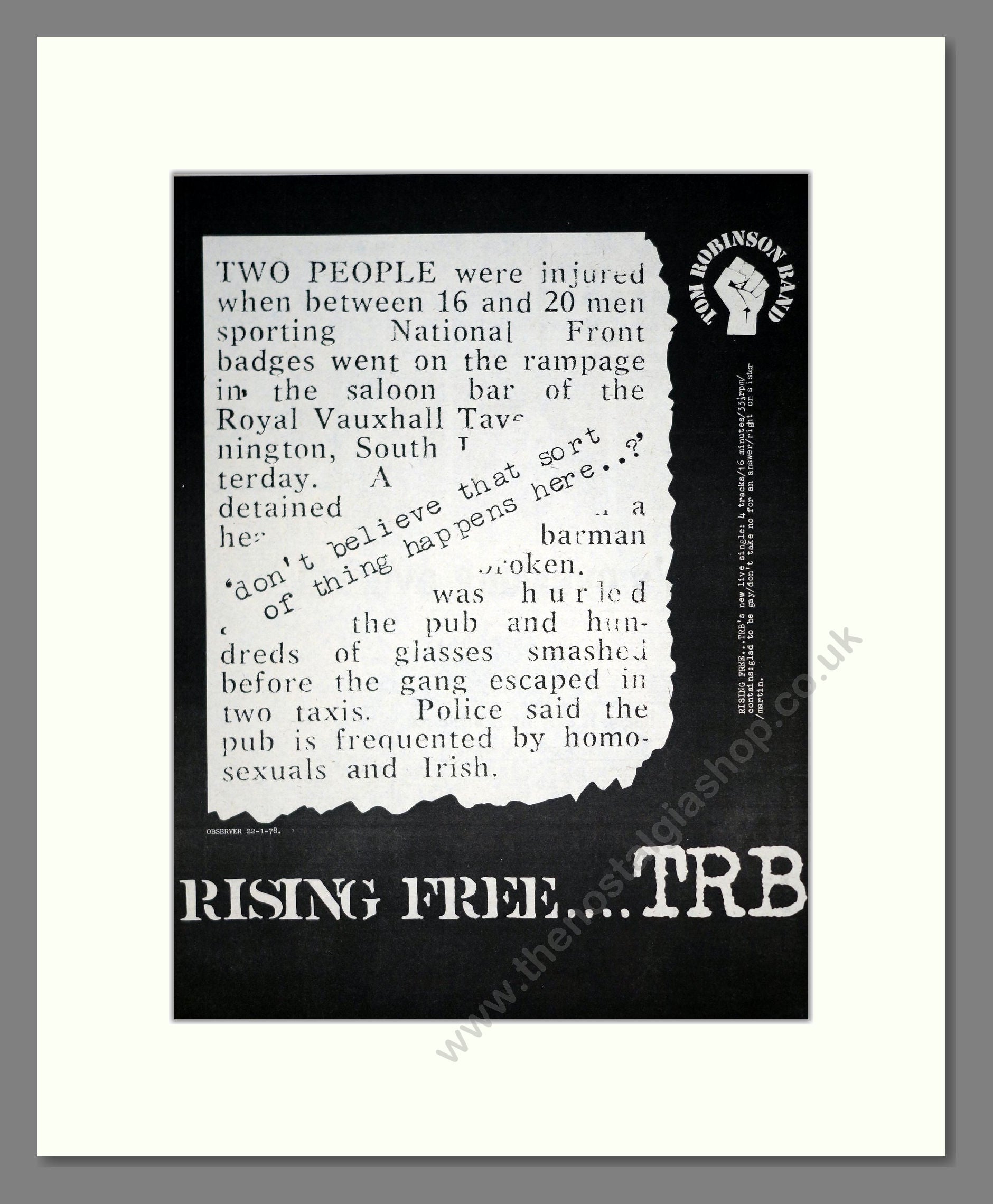 Tom Robinson Band - Rising Free. Vintage Advert 1978 (ref AD10551)