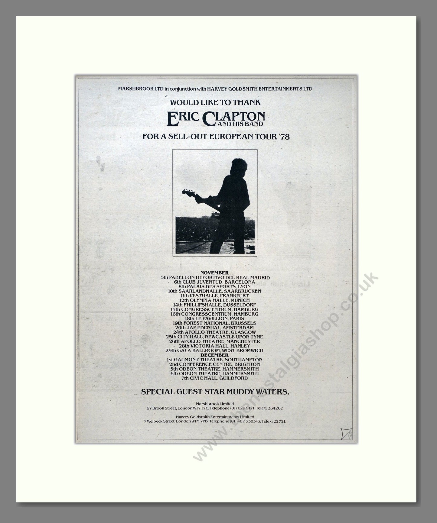 Eric Clapton - European Tour. Vintage Advert 1978 (ref AD19601)