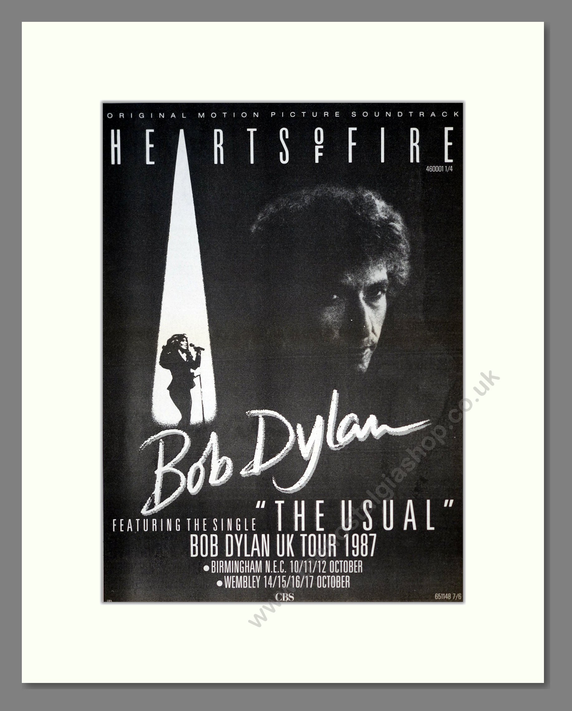 Bob Dylan - Hearts Of Fire. Vintage Advert 1987 (ref AD19663)