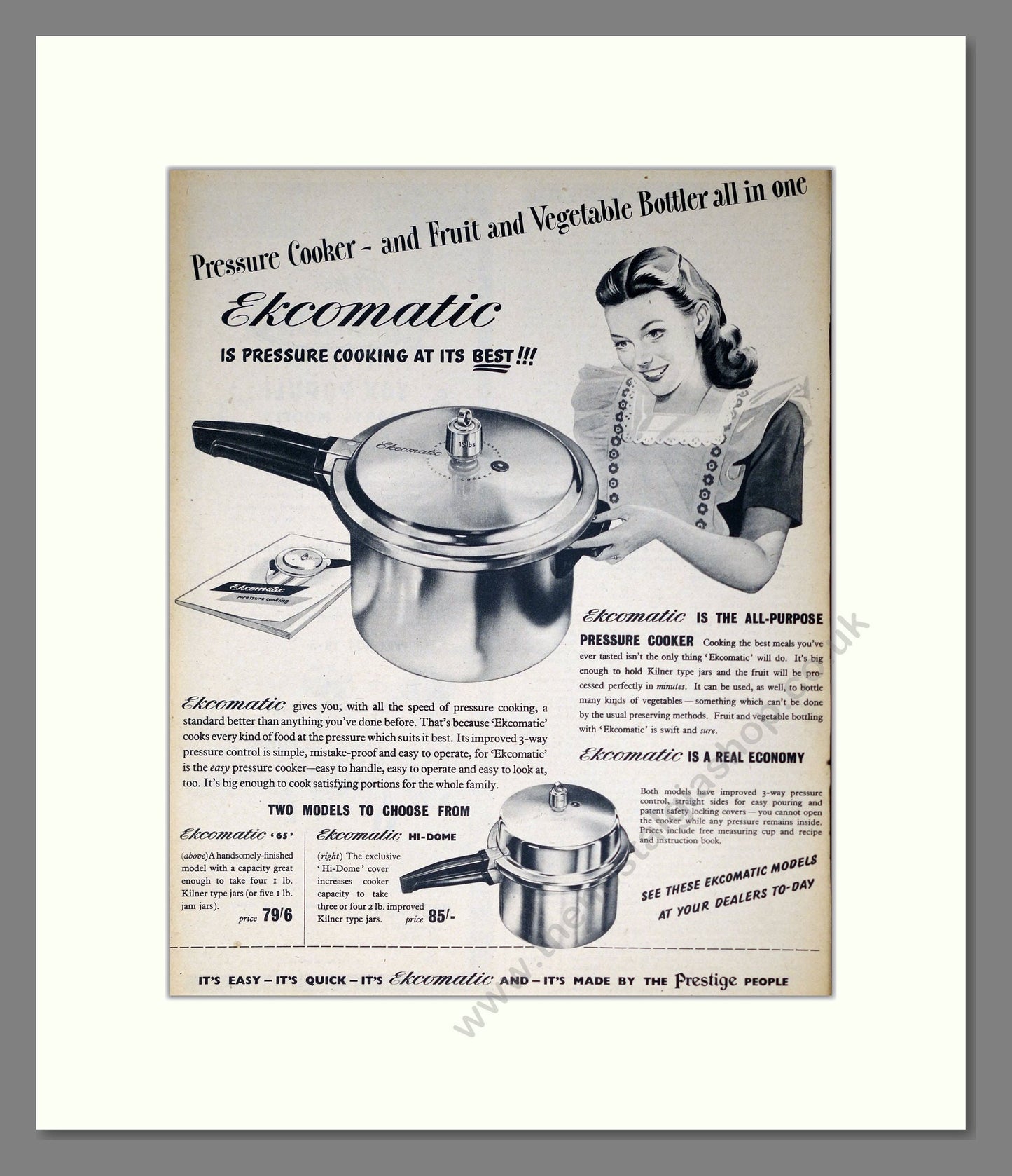 Prestige - Pressure Cookers. Vintage Advert 1950 (ref AD302458)