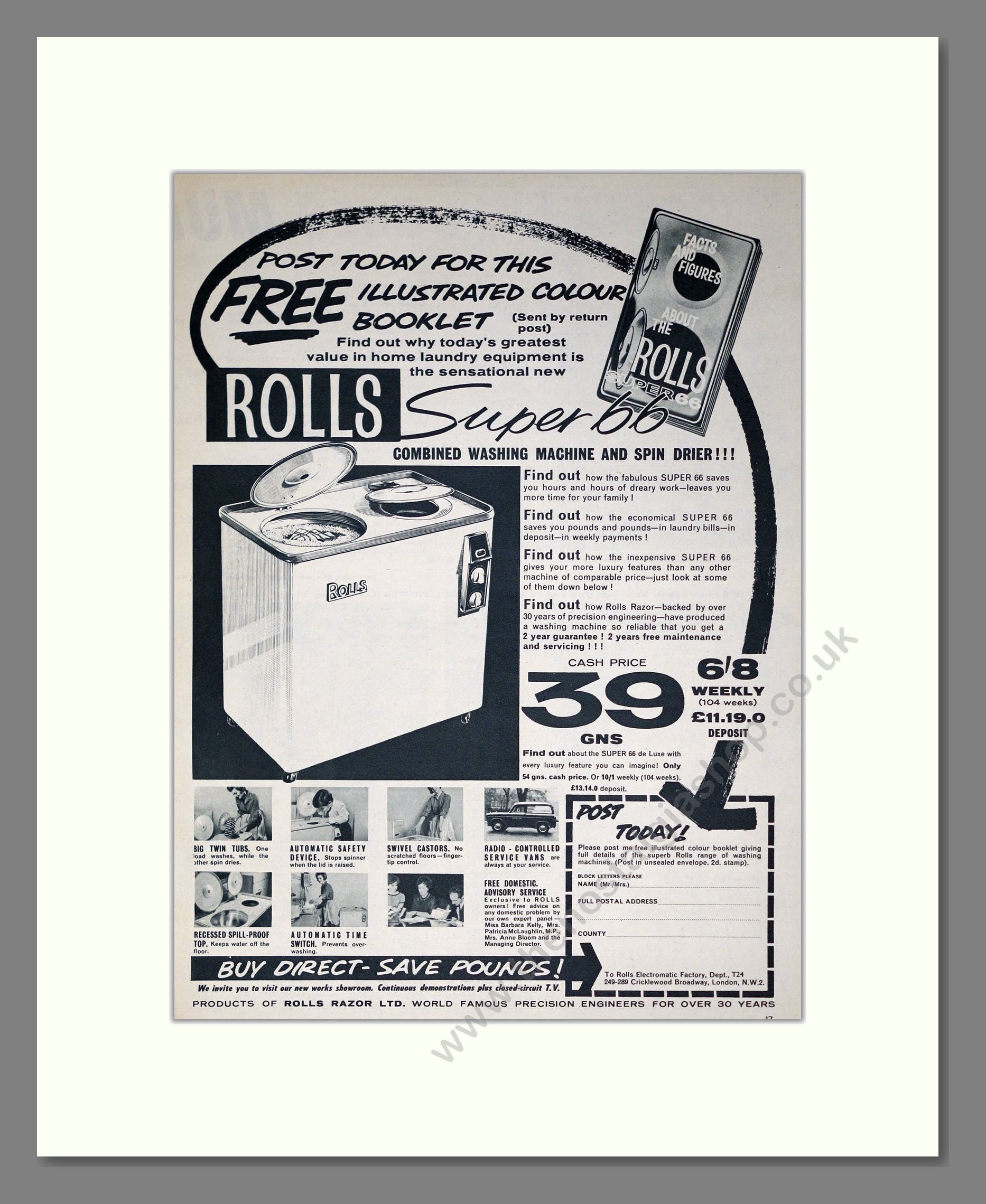 Rolls - Super 66 Washing Machine. Vintage Advert 1961 (ref AD302651)