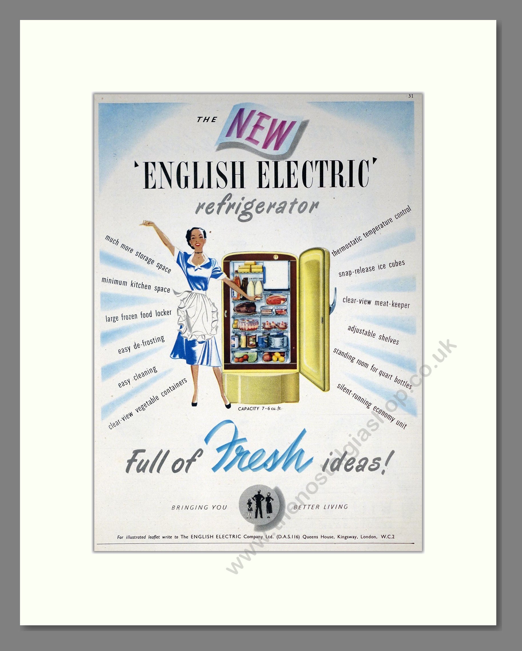 English Electric - Refrigerator. Vintage Advert 1951 (ref AD302700)