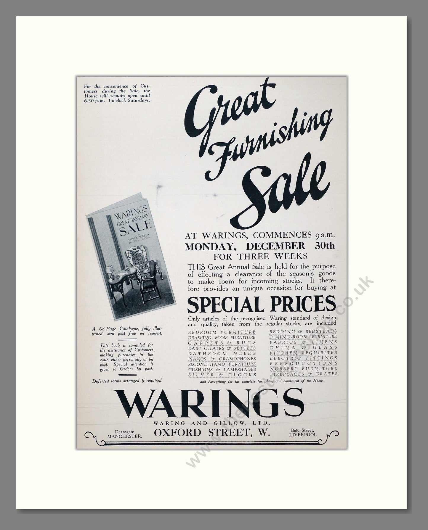 Warings - Furnishing Sale. Vintage Advert 1929 (ref AD302717)