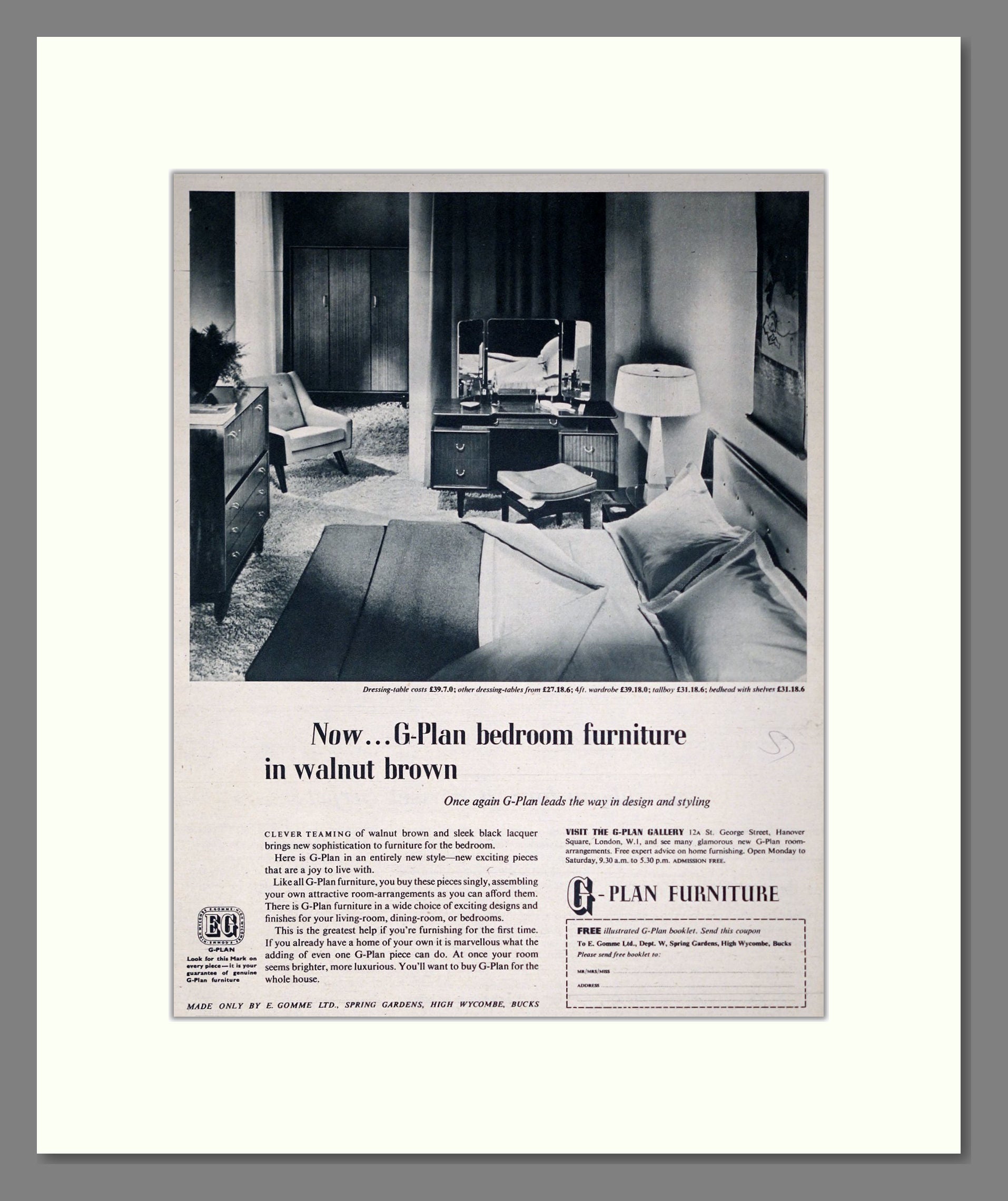 G-Plan - Bedroom Furniture. Vintage Advert 1957 (ref AD302784)