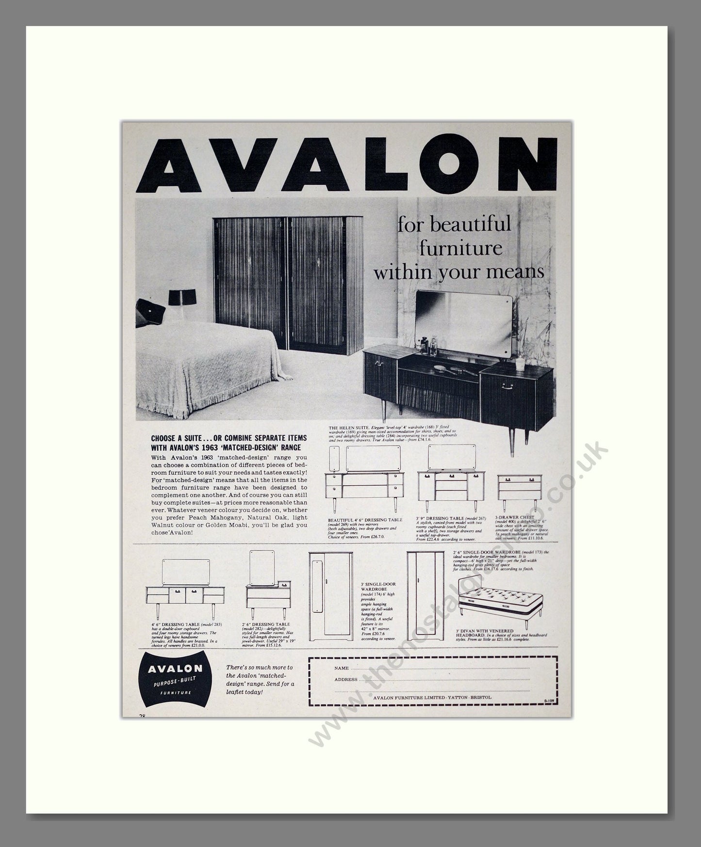 Avalon - Bedroom Furniture. Vintage Advert 1967 (ref AD302792)