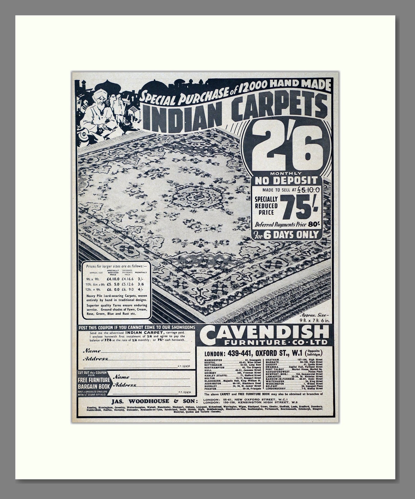 Cavendish Furniture - Indian Carpets. Vintage Advert 1939 (ref AD302937)