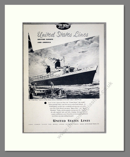 United State Lines - Ocean Liner. Vintage Advert 1953 (ref AD302964)