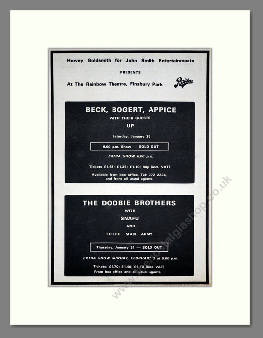 Beck / Doobie Brothers - Live Shows Rainbow Theatre Finsbury Park. Vintage Advert 1974 (ref AD19690)