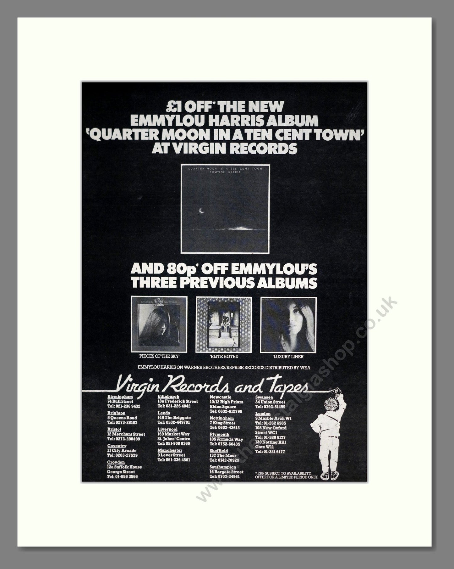 Emmylou Harris - Quarter Moon In A Ten Cent Town. Vintage Advert 1978 (ref AD19712)