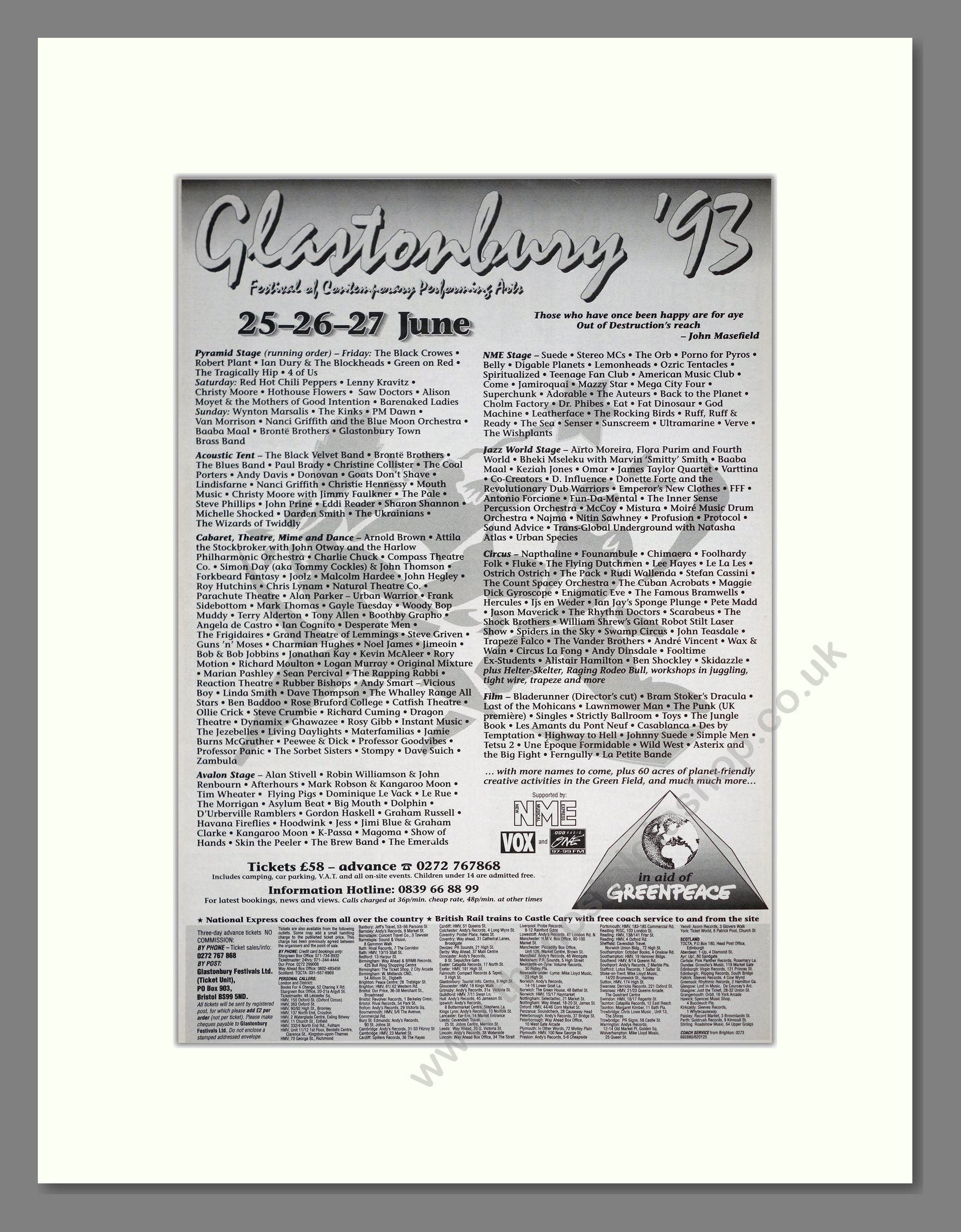 Glastonbury Festival 93 - Line Up. Vintage Advert 1993 (ref AD19732)