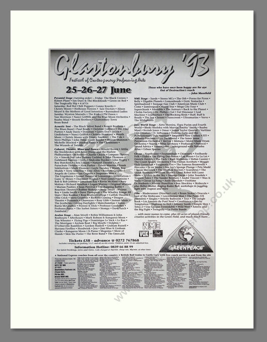 Glastonbury Festival 93 - Line Up. Vintage Advert 1993 (ref AD19732)