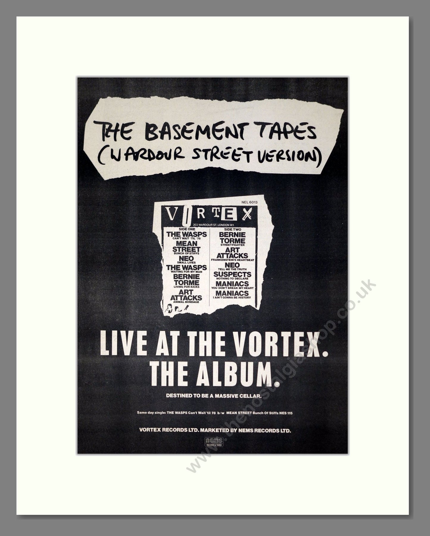 Various Artists - Live At The Vortex. Vintage Advert 1977 (ref AD19920)