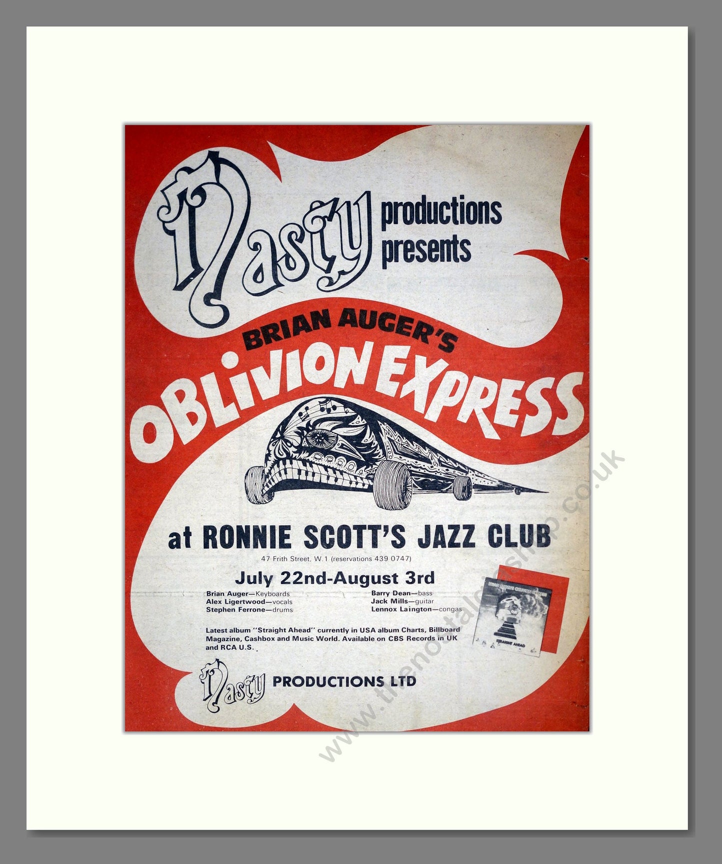 Brian Auger - Oblivion Express At Ronnie Scott's. Vintage Advert 1974 (ref AD19927)