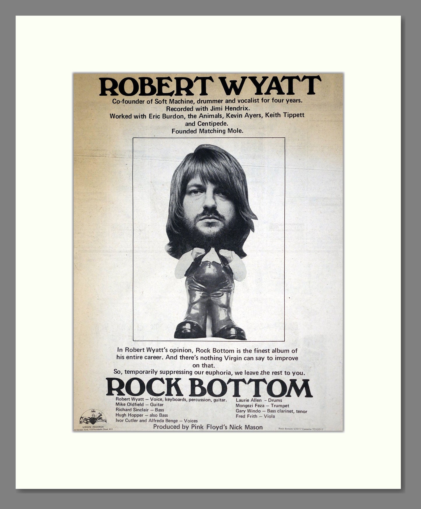 Robert Wyatt - Rock Bottom. Vintage Advert 1974 (ref AD19935)