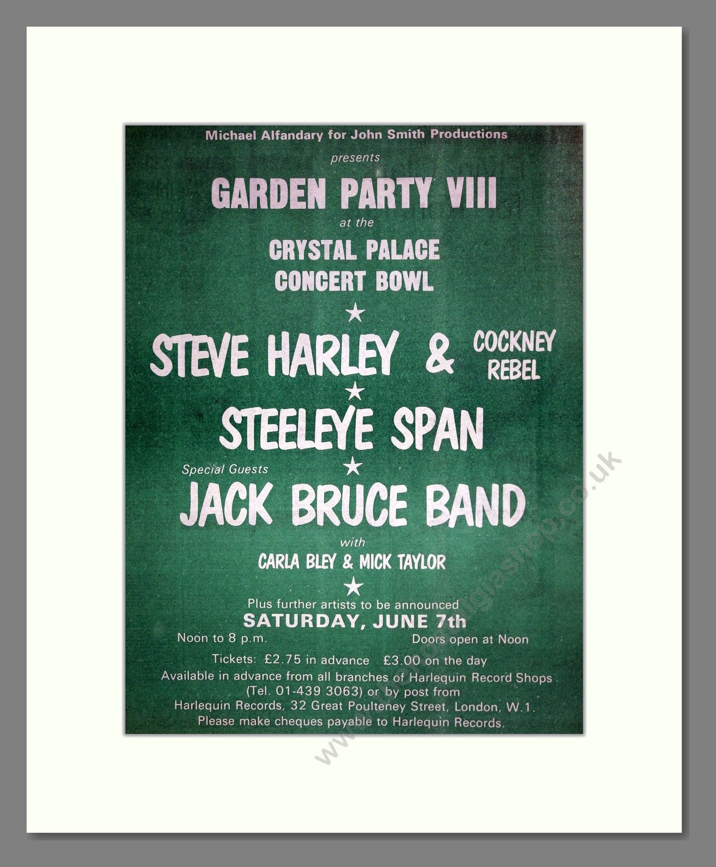 Steve Harley / Steeleye Span - Garden Party VIII At Crystal Palace. Vintage Advert 1975 (ref AD19944)