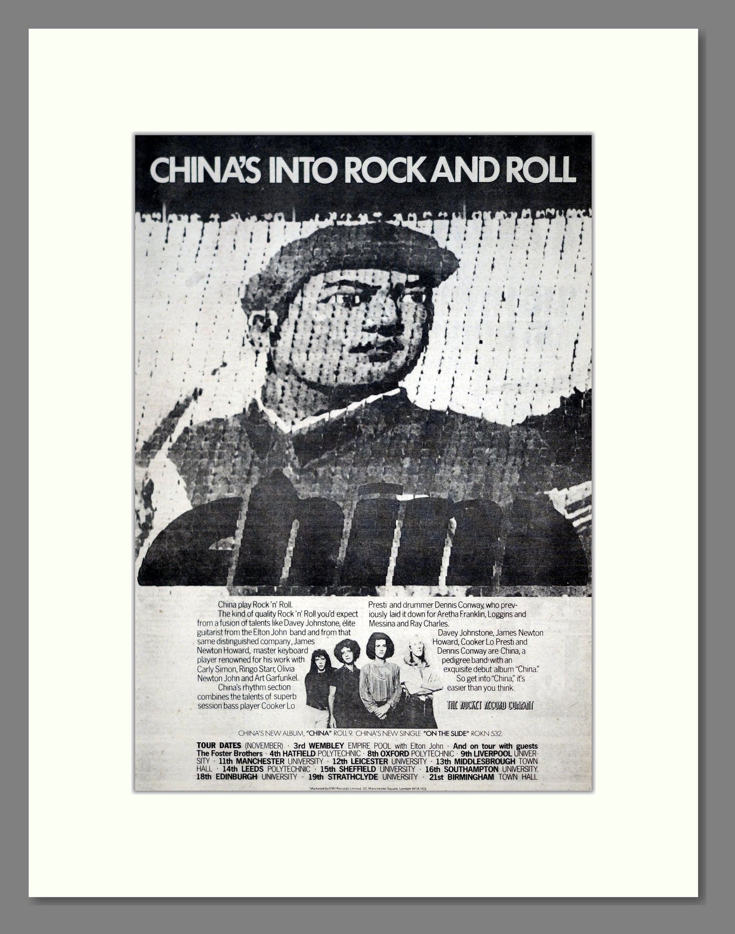 China - Self Titled Album / On The Slide. Vintage Advert 1977 (ref AD20016)