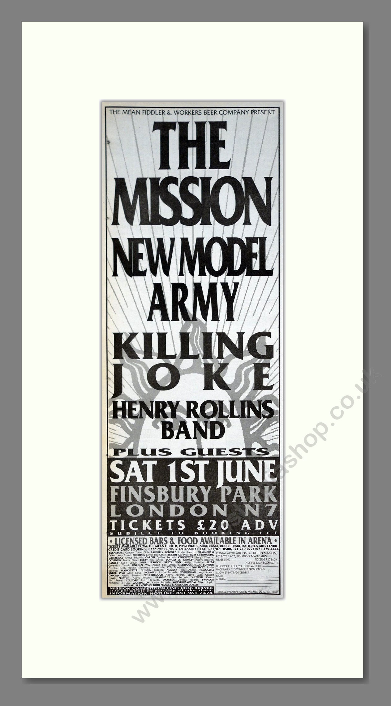 Mission (The) / New Model Army / Killing Joke / Henry Rollins Band - Finsbury Park. Vintage Advert 1991 (ref AD201352)