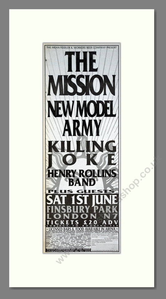 Mission (The) / New Model Army / Killing Joke / Henry Rollins Band - Finsbury Park. Vintage Advert 1991 (ref AD201352)