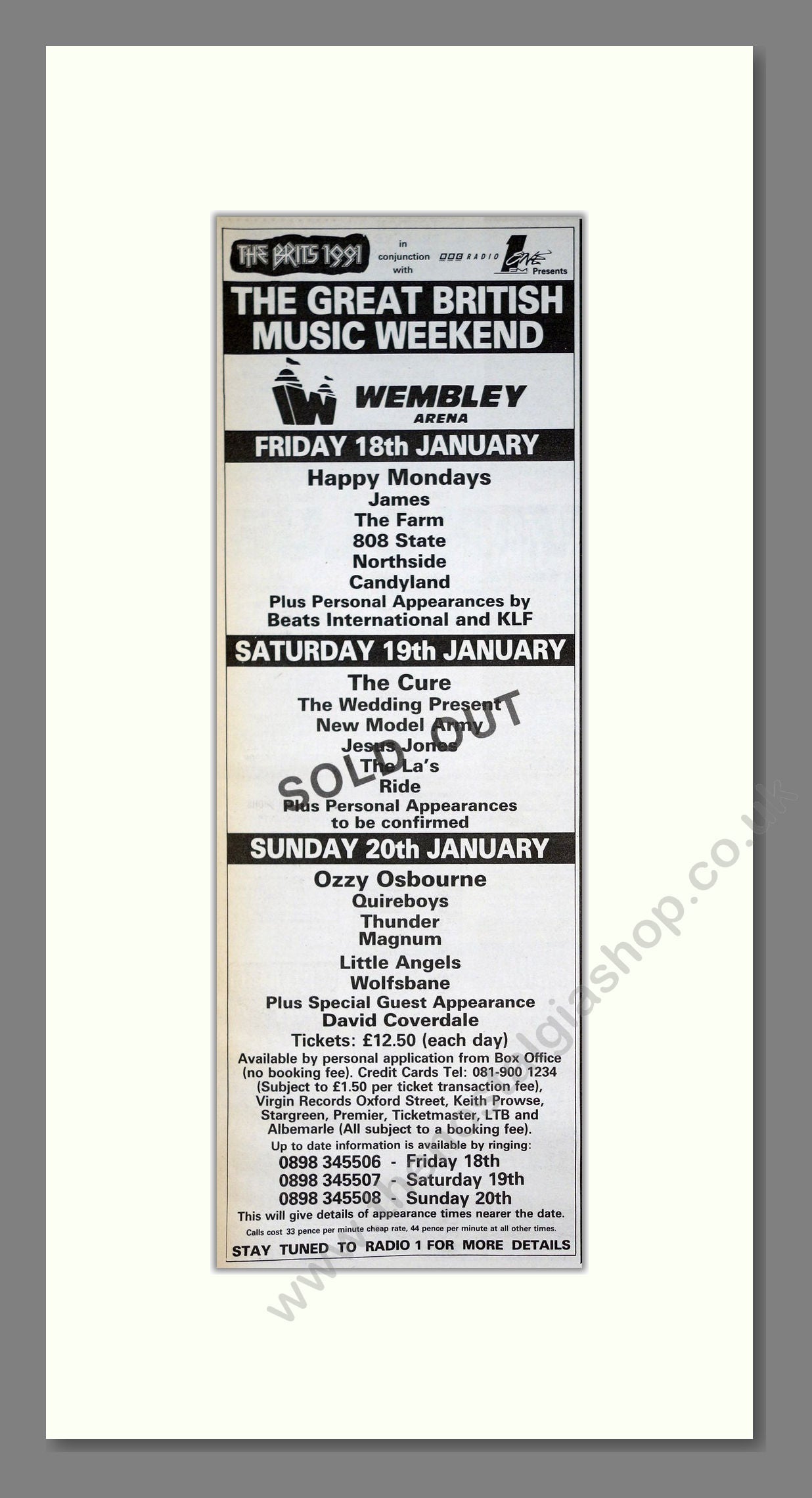 Happy Mondays / James / Farm (The) - Great British Music Weekend At Wembly Arena. Vintage Advert 1991 (ref AD201353)