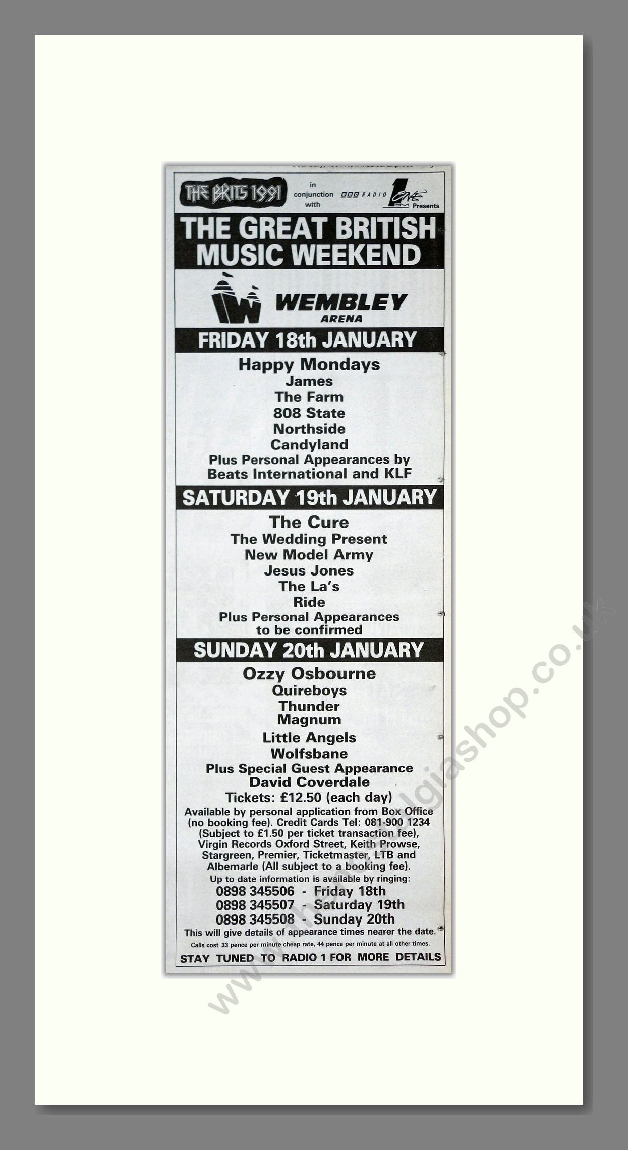 Happy Mondays / James / Farm (The) - Great British Music Weekend At Wembly Arena. Vintage Advert 1991 (ref AD201354)