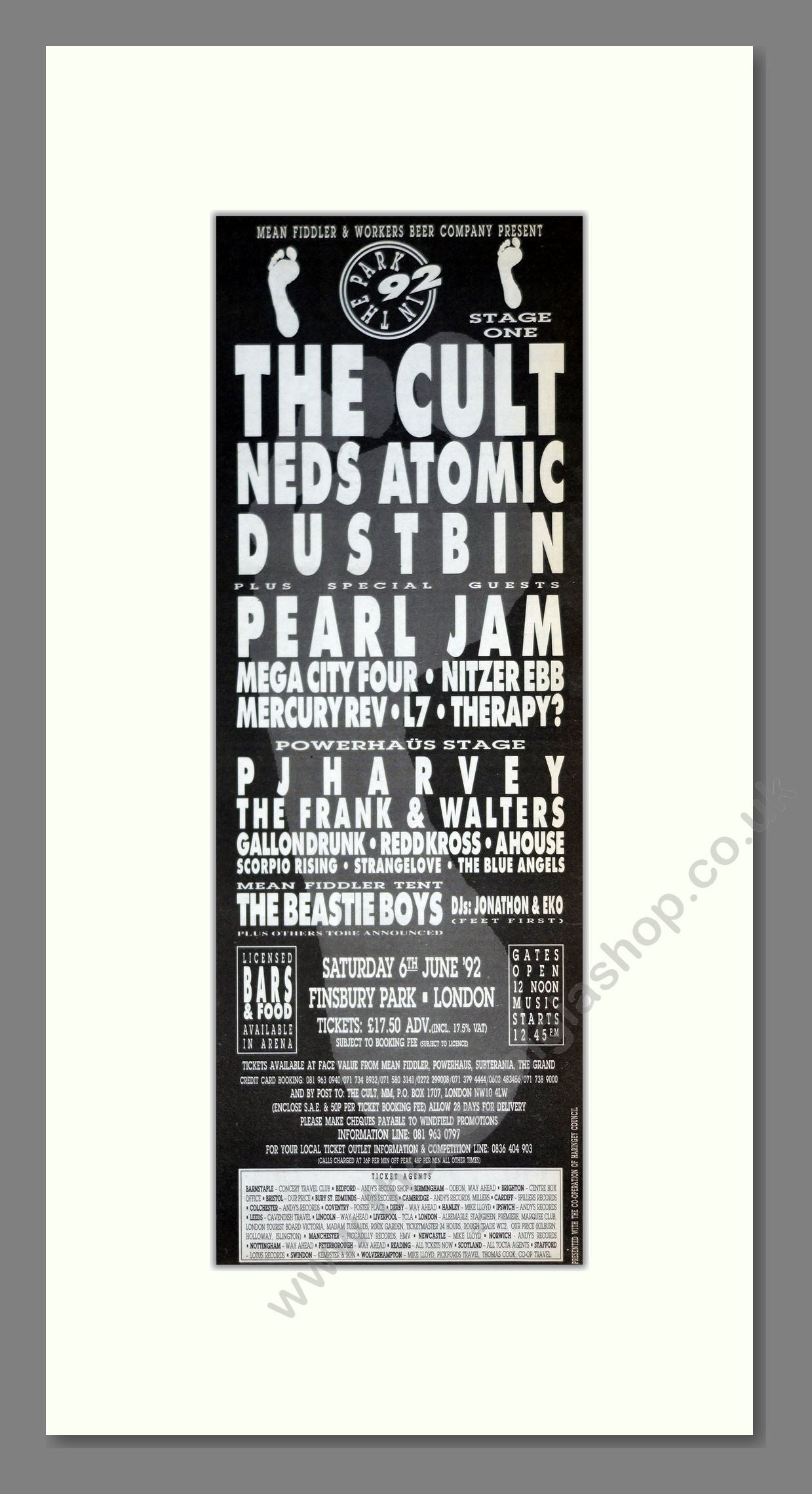 Cult (The) / Pearl Jam / Neds Atomic Dustbin - Finsbury Park 92. Vintage Advert 1992 (ref AD201360)