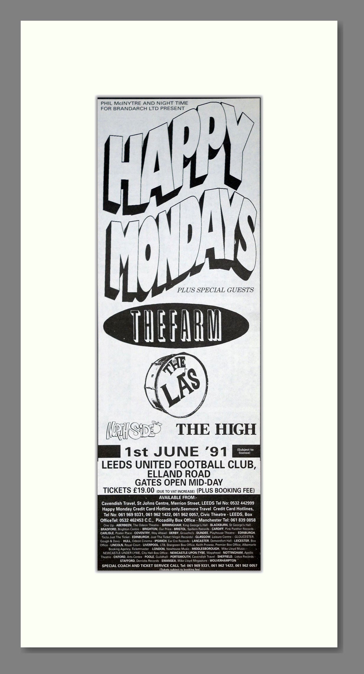 Happy Mondays / The Farm - Live At Elland Road 1991. Vintage Advert 1991 (ref AD201364)