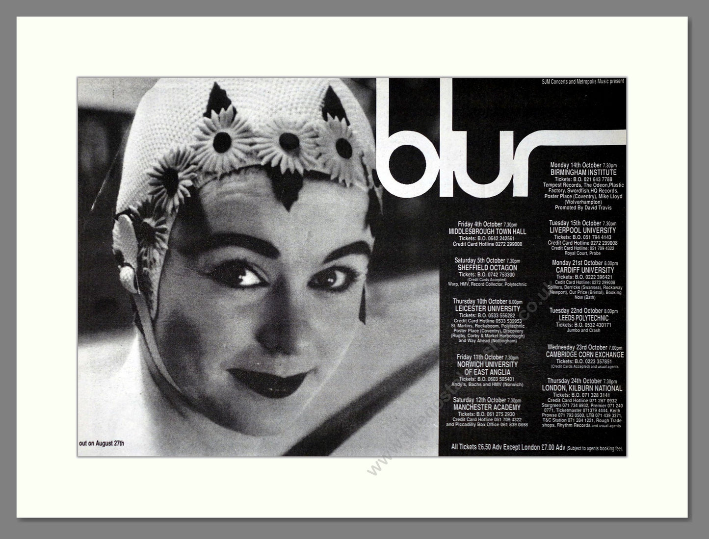 Blur - UK Tour. Vintage Advert 1991 (ref AD63175)