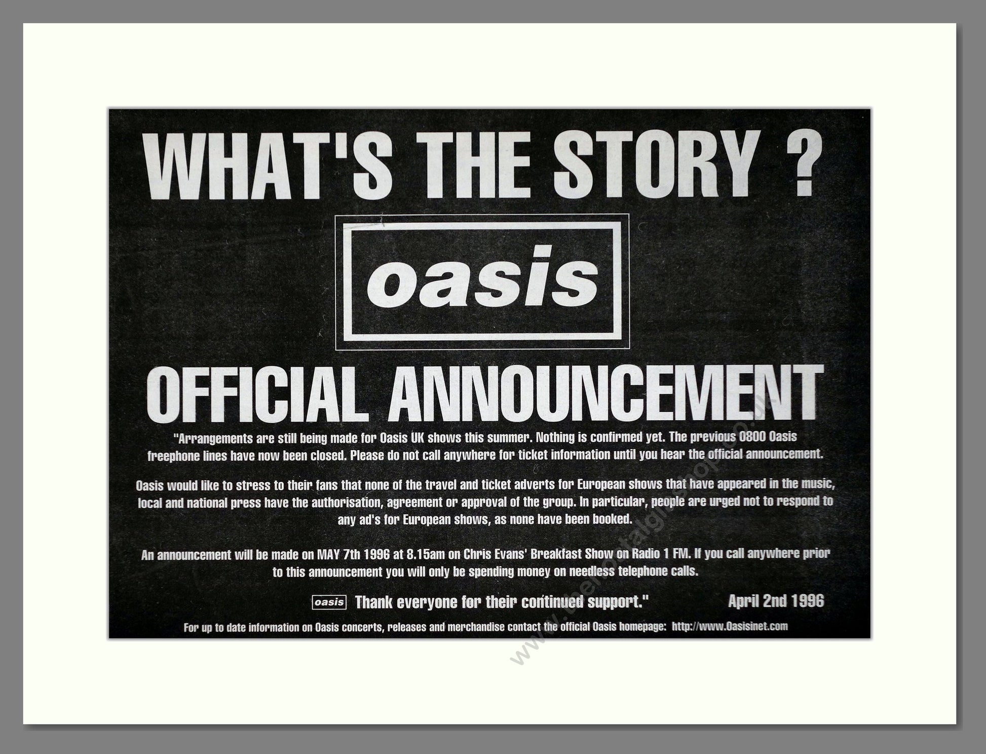 Oasis - What's The Story Announcement. Vintage Advert 1996 (ref AD63189)