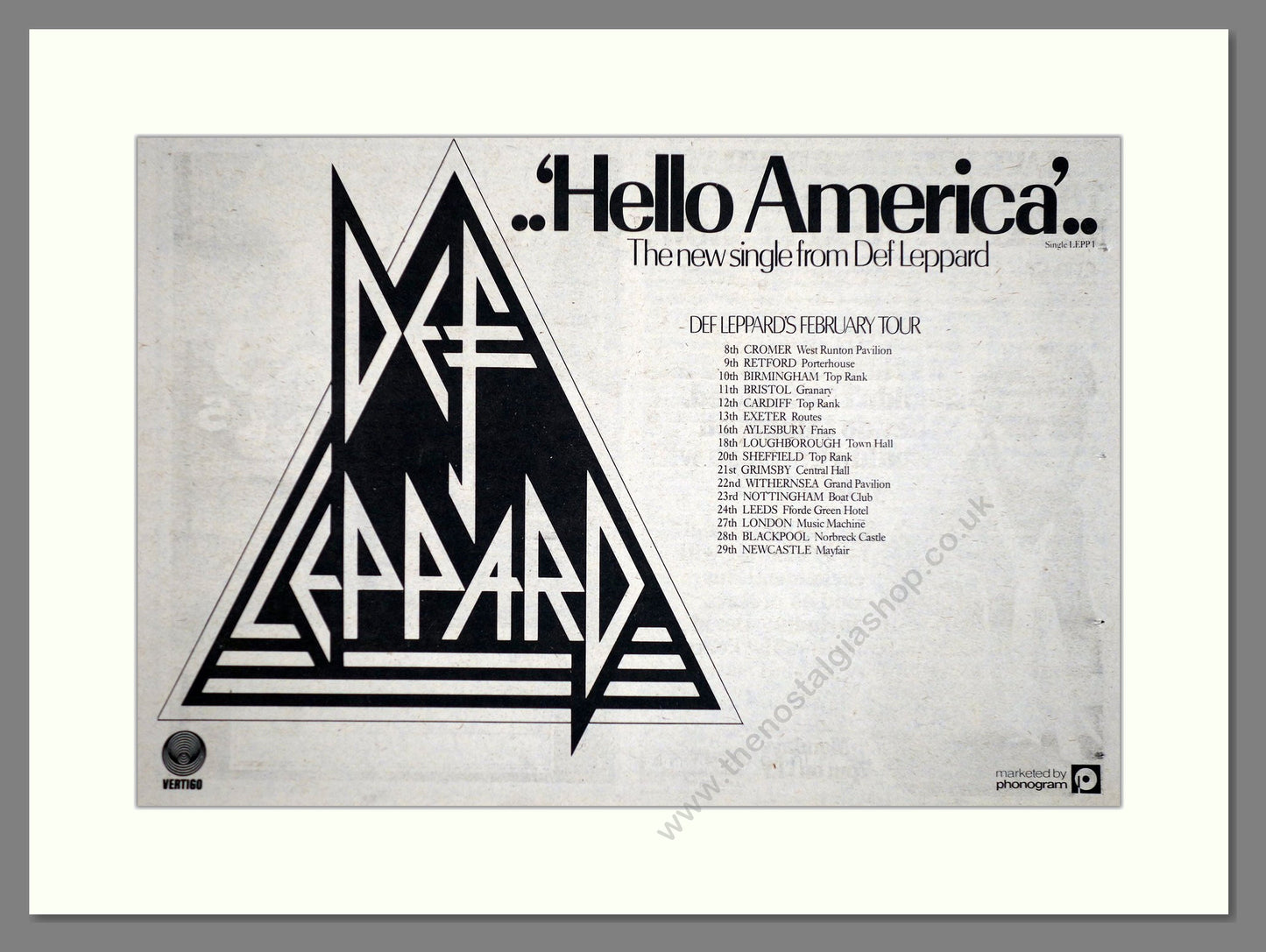 Def Leppard - Hello America. Vintage Advert 1980 (ref AD63198)