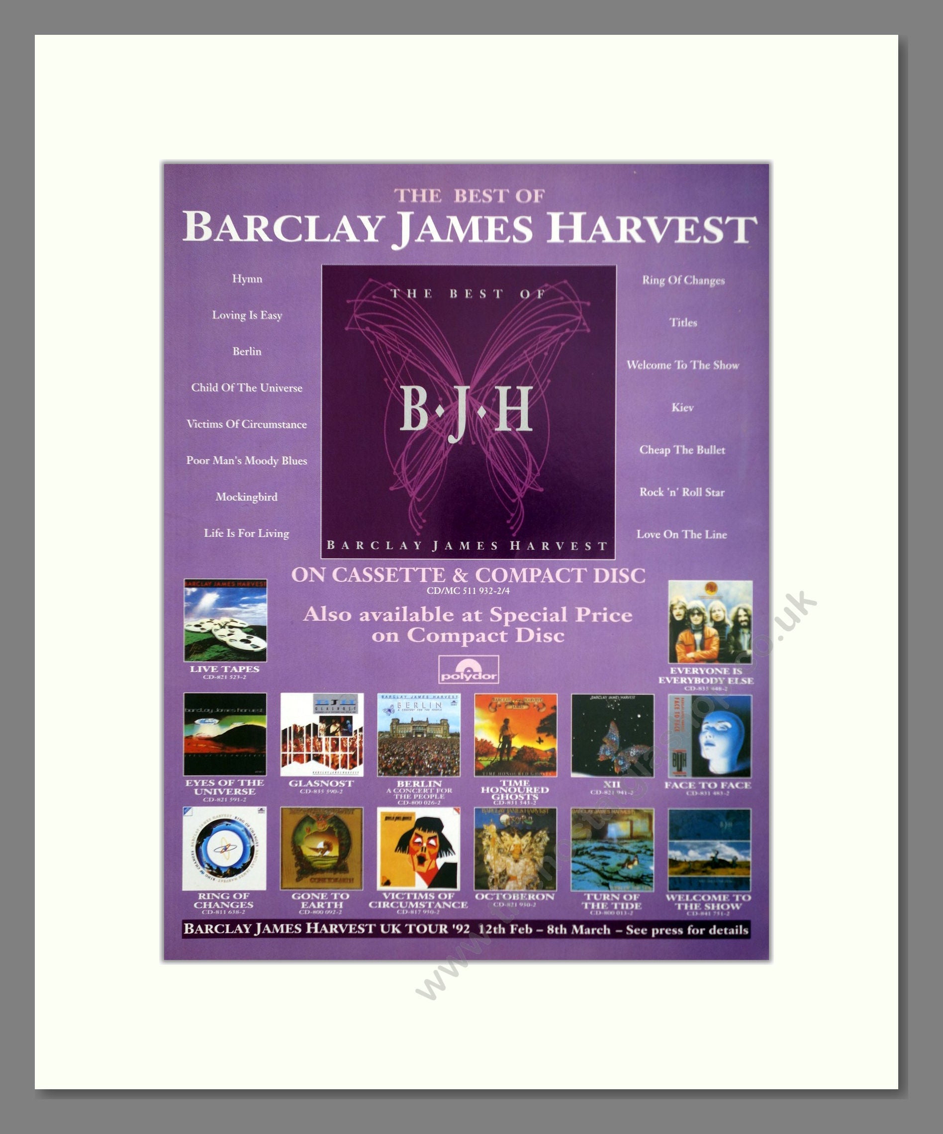 Barclay James Harvest - Best Of. Vintage Advert 1992 (ref AD63247)