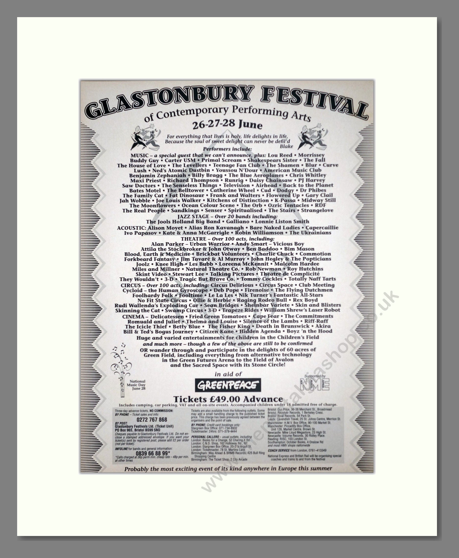 Glastonbury Festival - Line Up. Vintage Advert 1992 (ref AD63267)