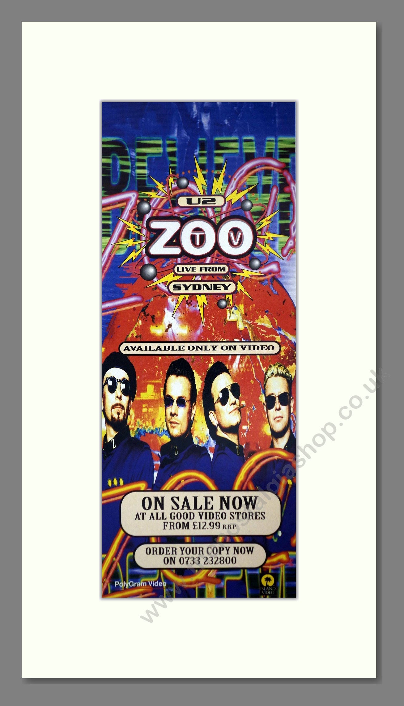 U2 - Zoo (Live From Sydney). Vintage Advert 1994 (ref AD400153)