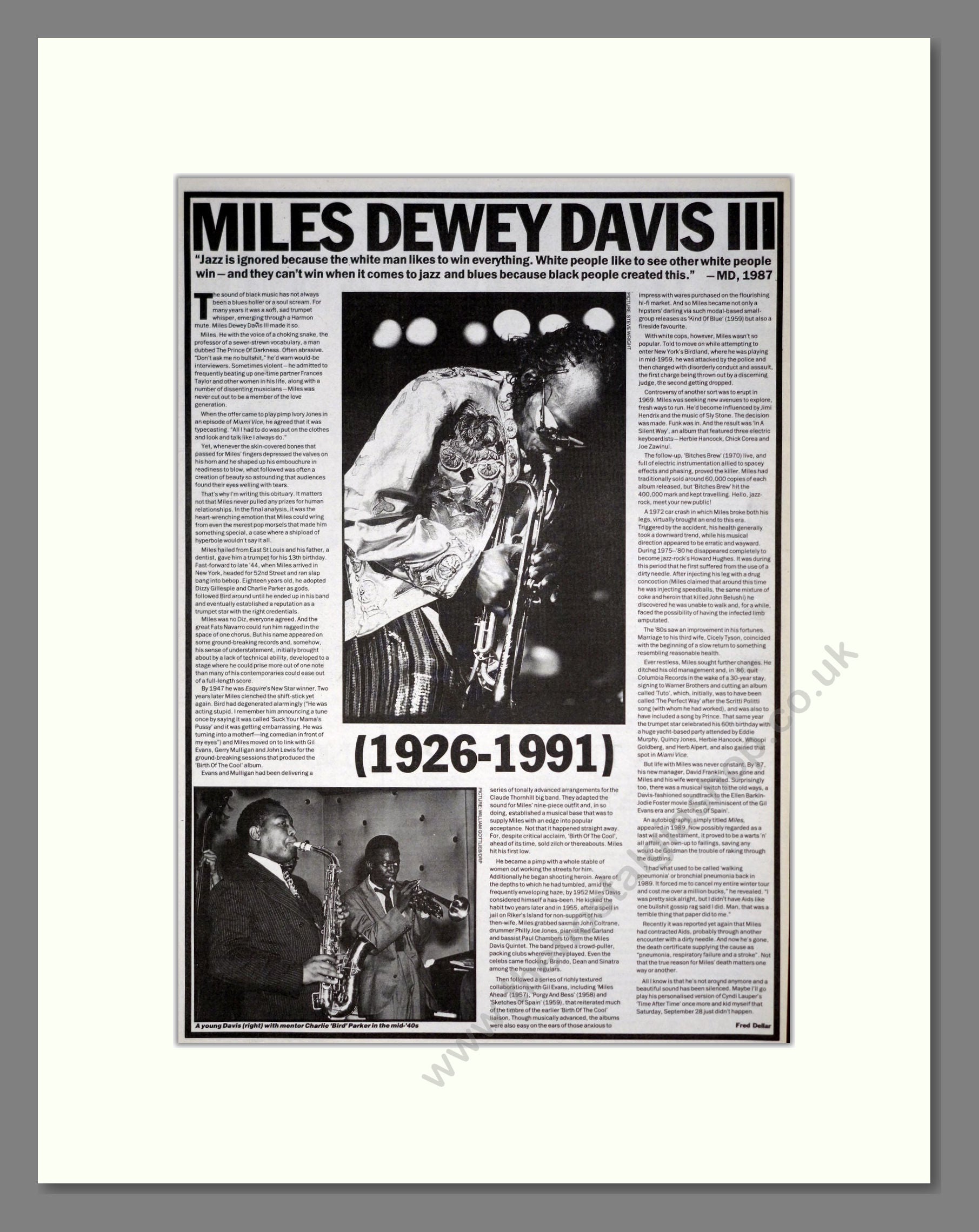 Miles Davis - Obituary. Vintage Advert 1991 (ref AD20046)