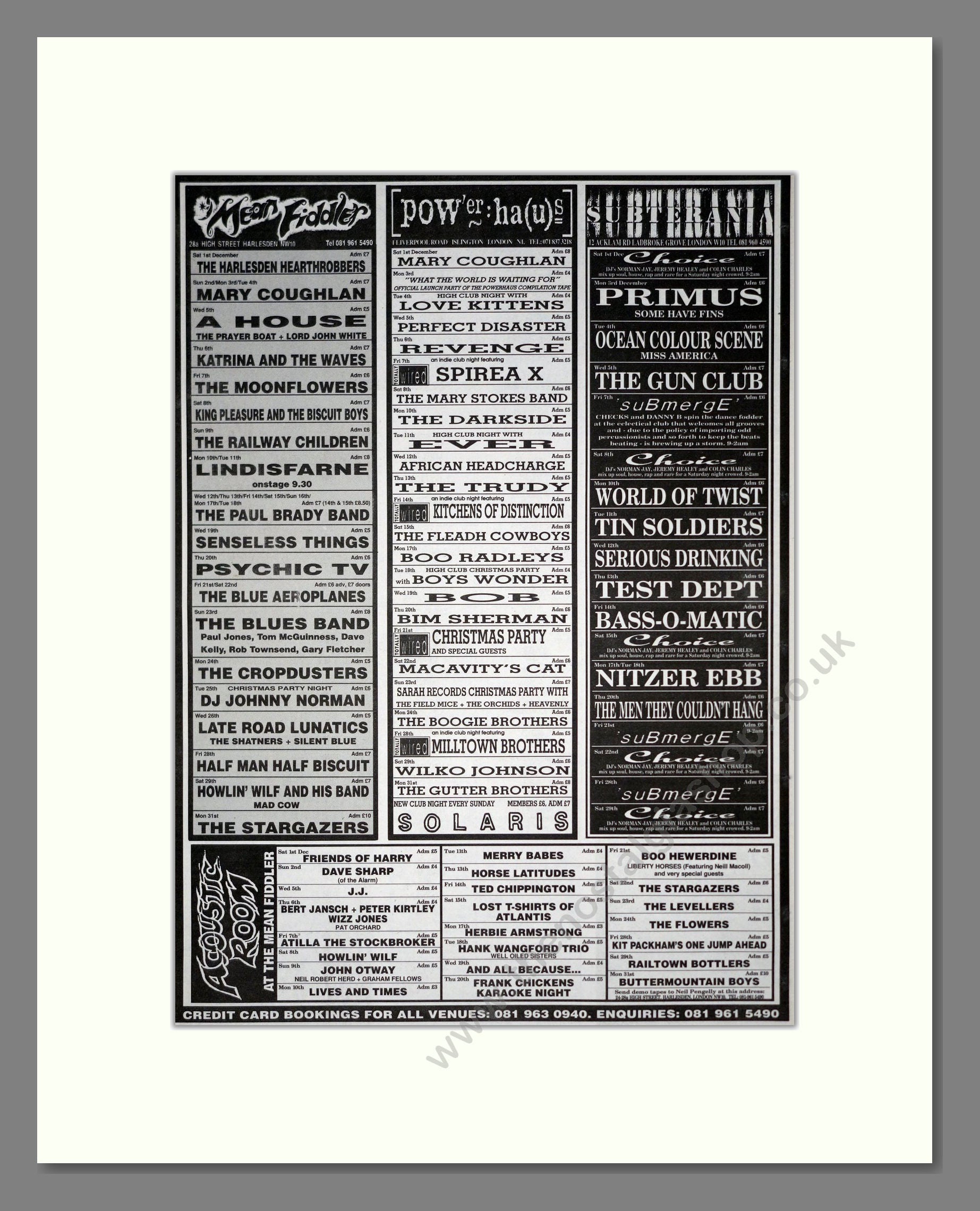 Various Artists - Venue Booking List Mean Fiddler / Power Haus / Subterania / Acoustic Room. Vintage Advert 1990 (ref AD20149)