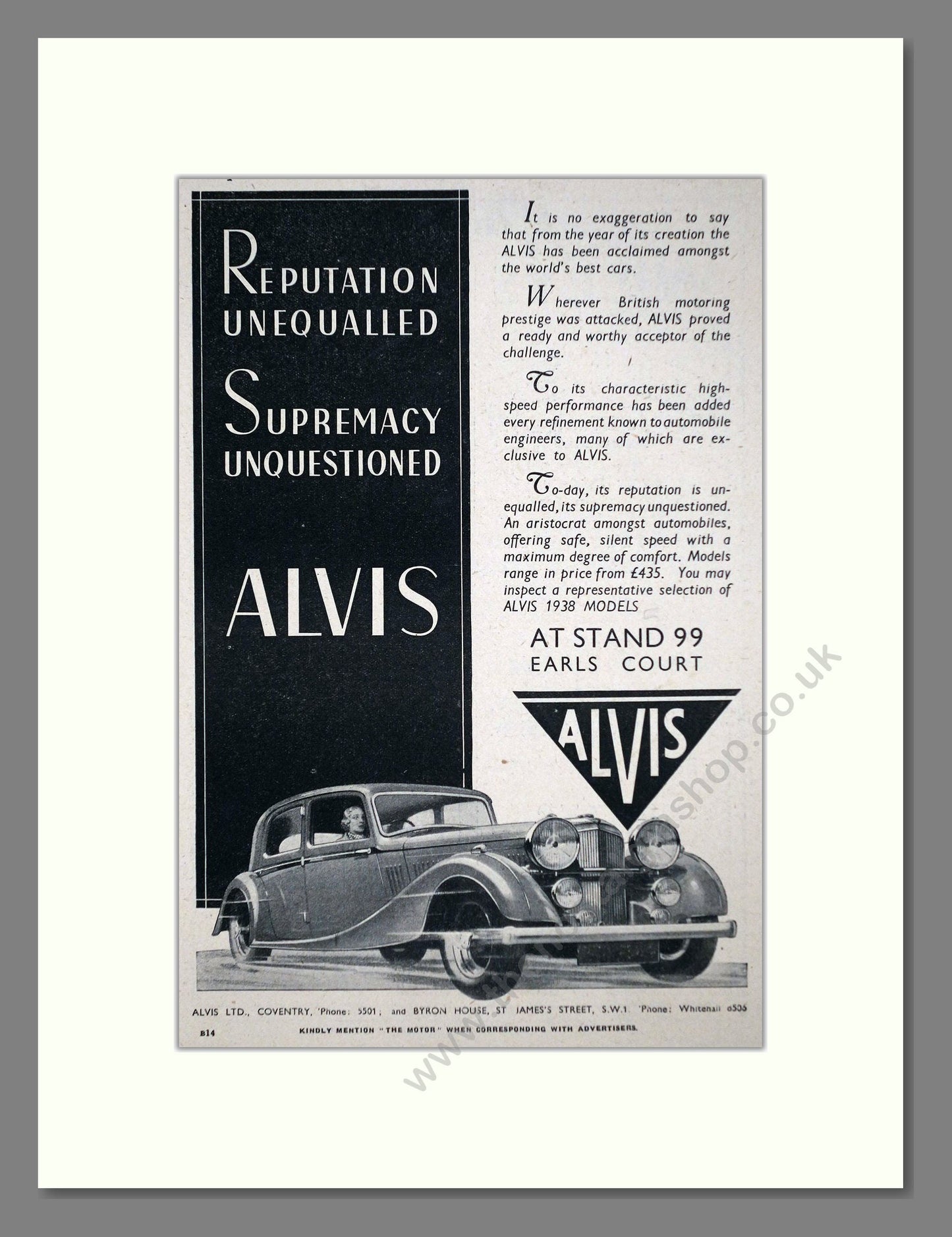 Alvis - Reputation Unequaled. Vintage Advert 1937 (ref AD63589)