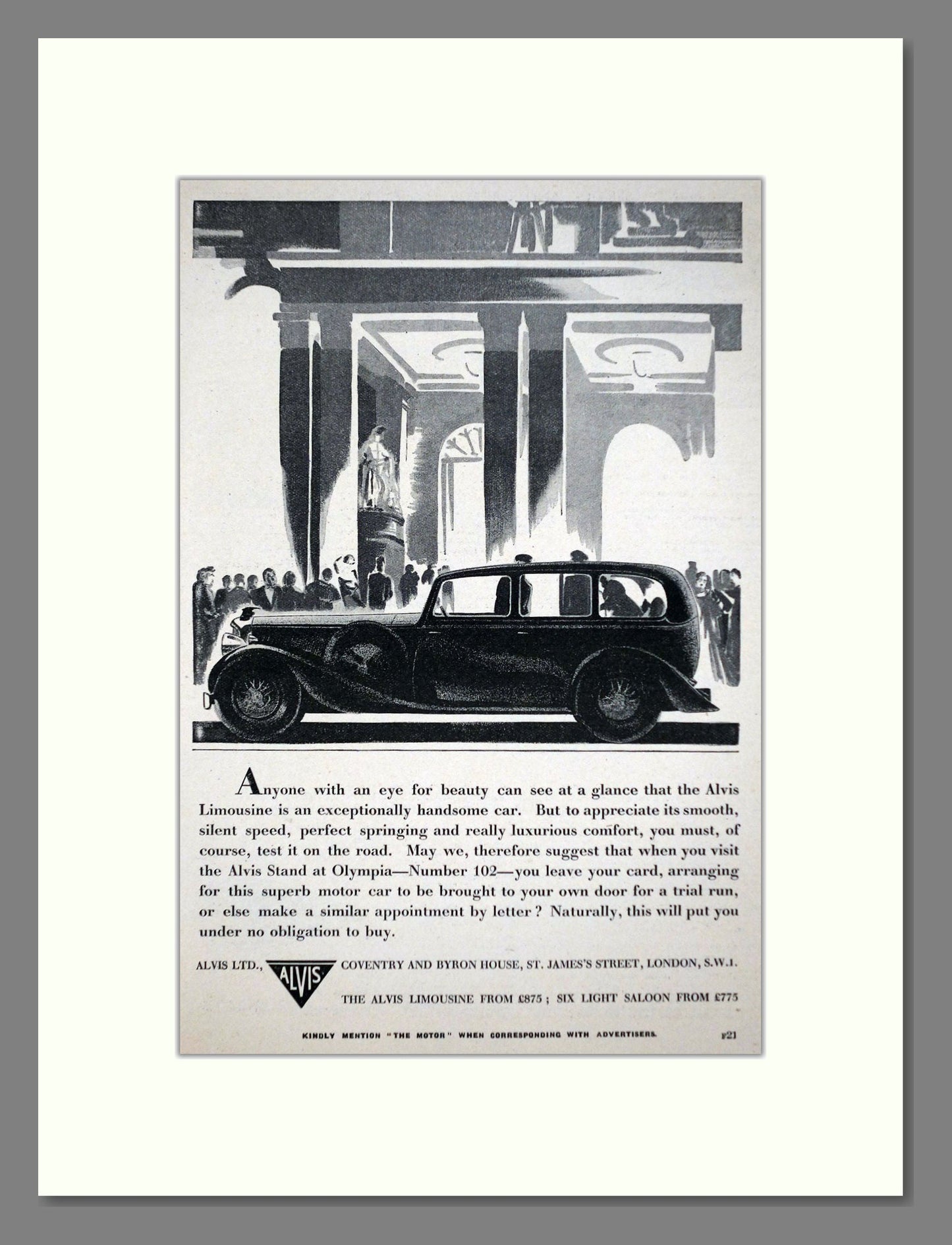 Alvis - Limousine / Six Light. Vintage Advert 1936 (ref AD63590)