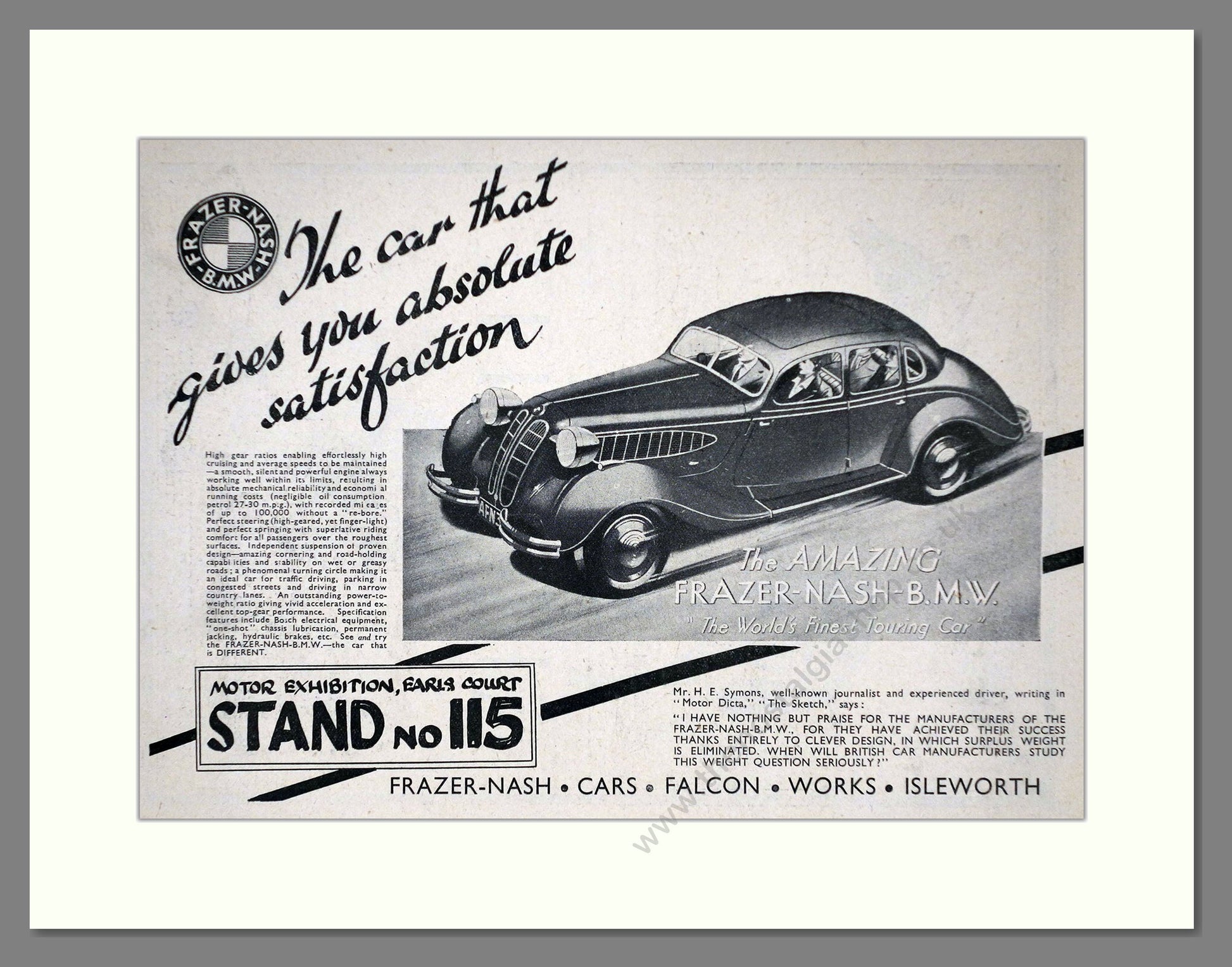 BMW - Frazer Nash BMW. Vintage Advert 1937 (ref AD63601)