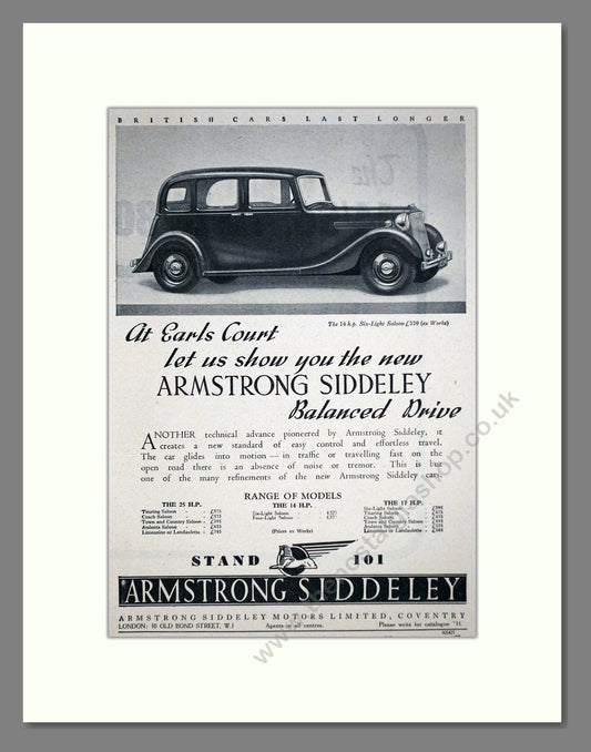 Armstrong Siddeley - 25 HP / 14 HP / 17 HP Ranges. Vintage Advert 1937 (ref AD63614)