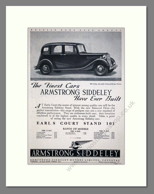 Armstrong Siddeley - 25 HP / 14 HP / 17 HP Ranges. Vintage Advert 1937 (ref AD63615)